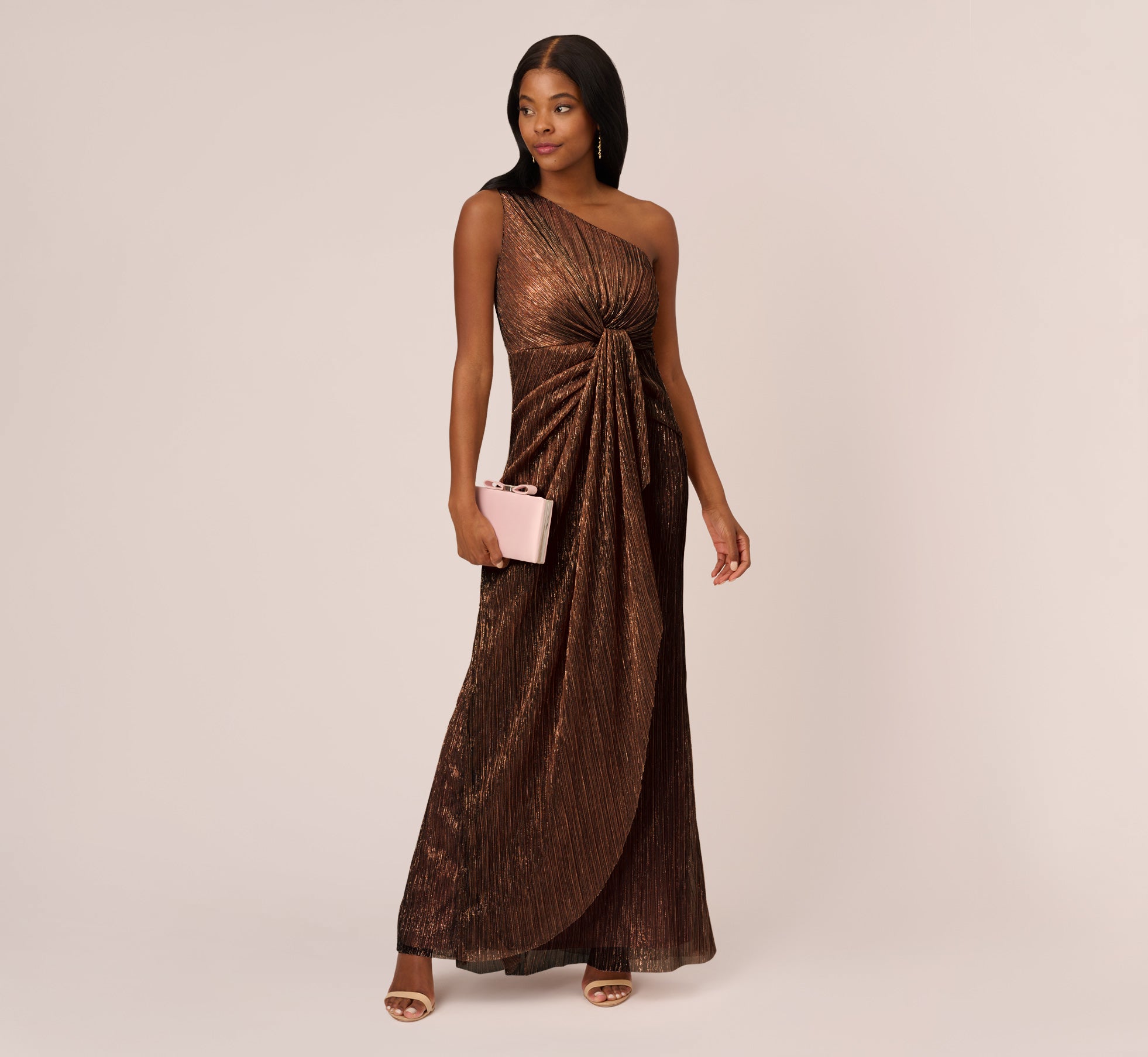 Stardust Pleated Draped One Shoulder Gown In Copper、mySite、solidvoid