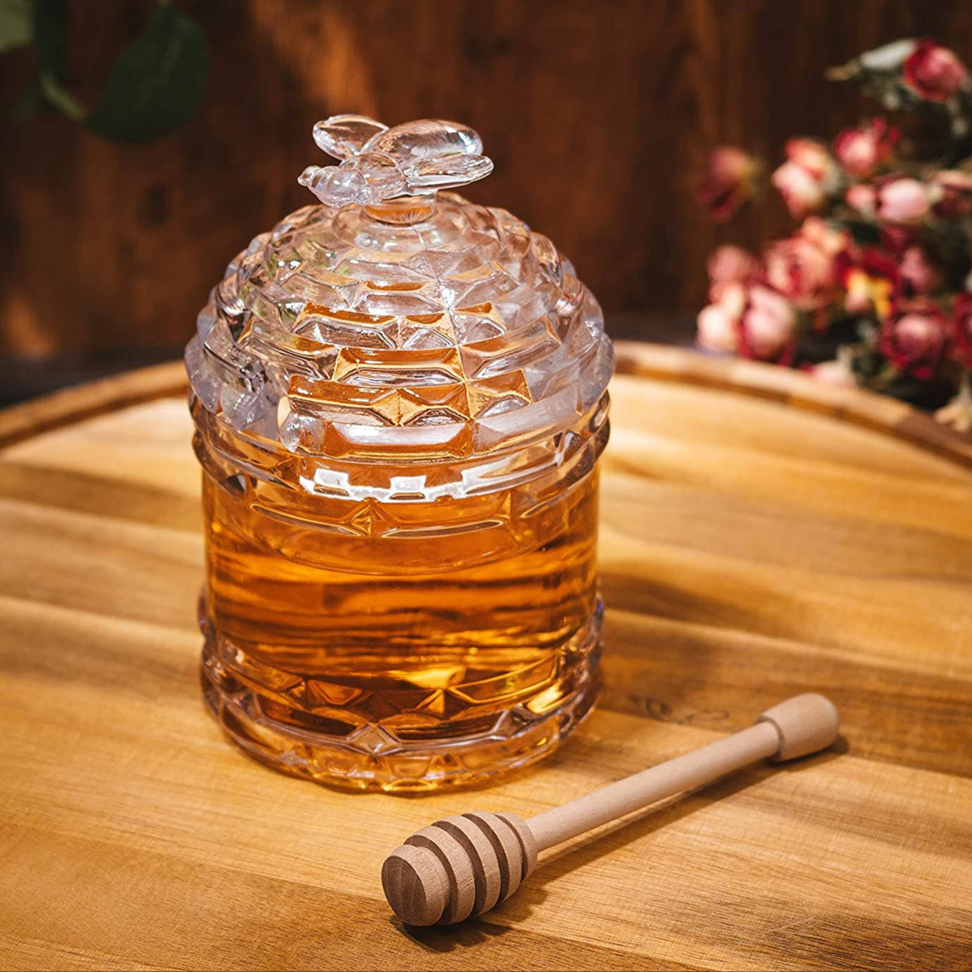 Glass Beehive Honey Jar and Wooden Dipper、mySite、topwebapps