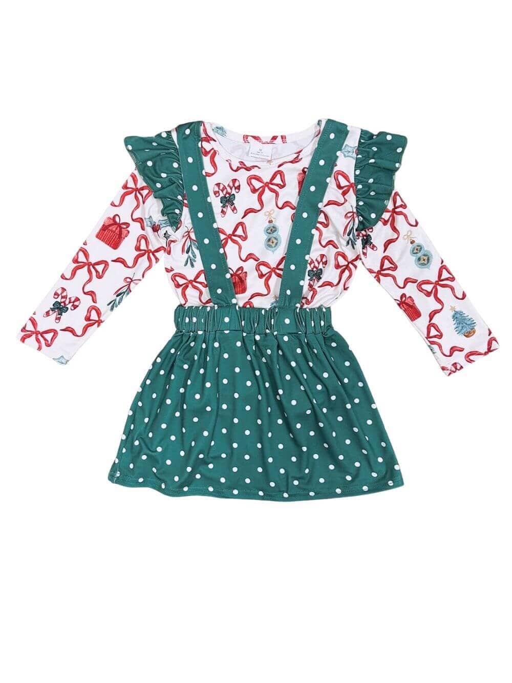 Holiday Cheer Green Polka Dot Girls Suspender Skirt Outfit、mySite、camillekostekn
