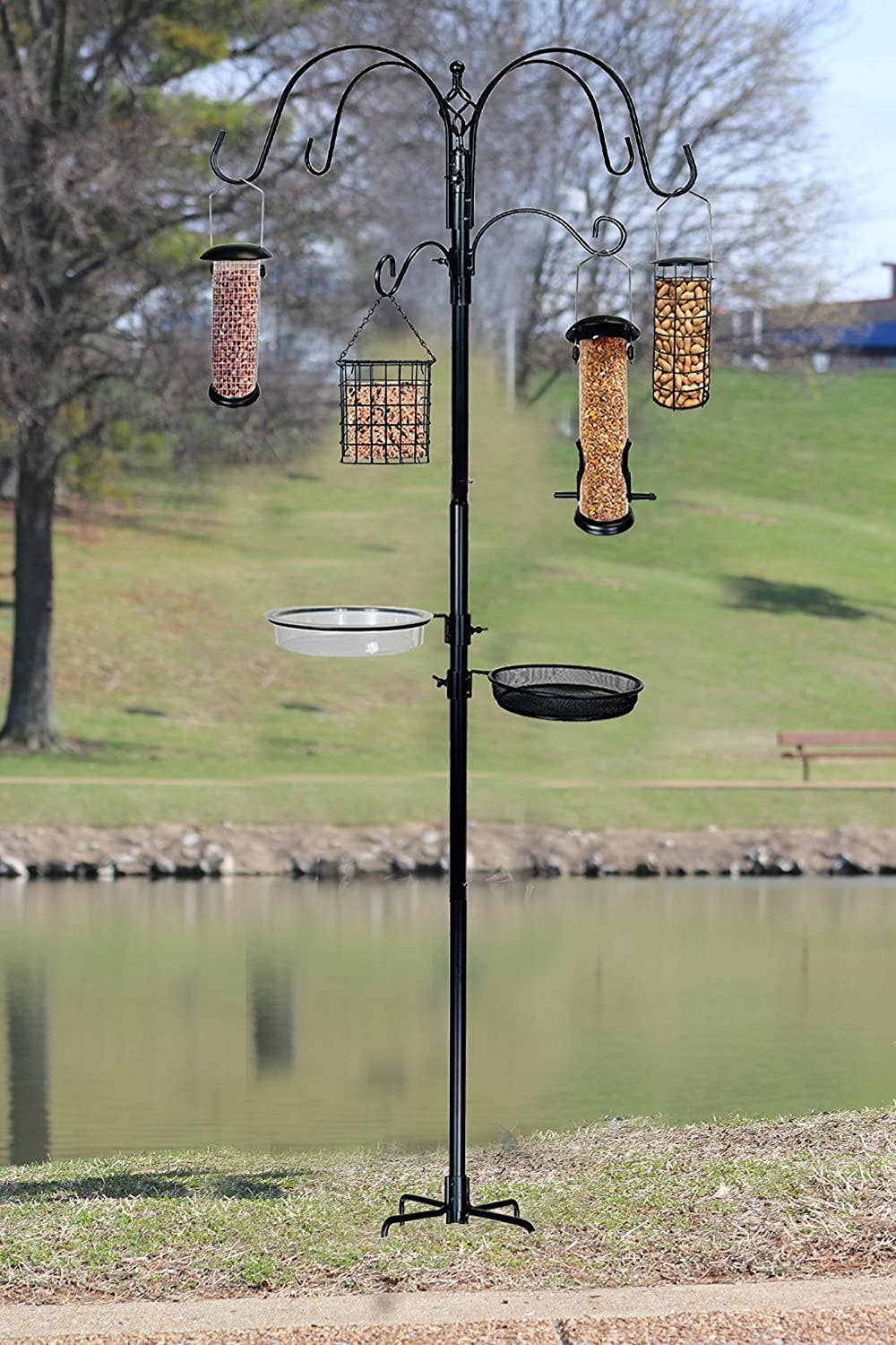 Ashman Online - Ashman Deluxe Premium Bird Feeding Station, 22 Wide x 91 Tall (82 inch Above Ground) Black with 4 Multiple Hooks and 4 Bird Feeders Hanging Kit.、mySite、g9winljtr