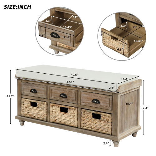 TREXM Rustic Storage Bench with 3 Drawers and 3 Rattan Baskets, Shoe Bench for Living Room, Entryway (White Washed)、、casual