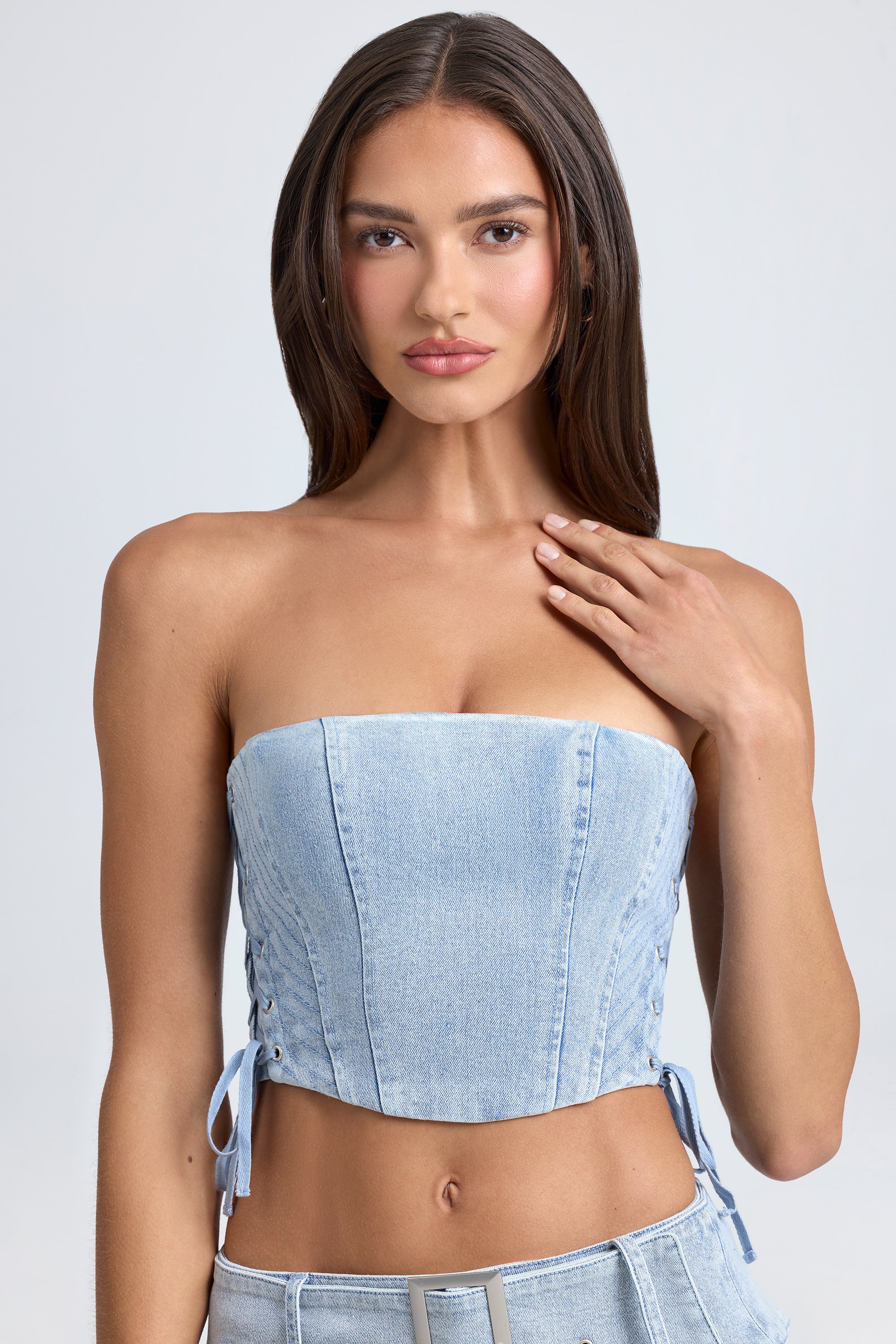 Bandeau Lace-Up Corset Crop Top in Light Blue Stonewash、mySite、solidvoid