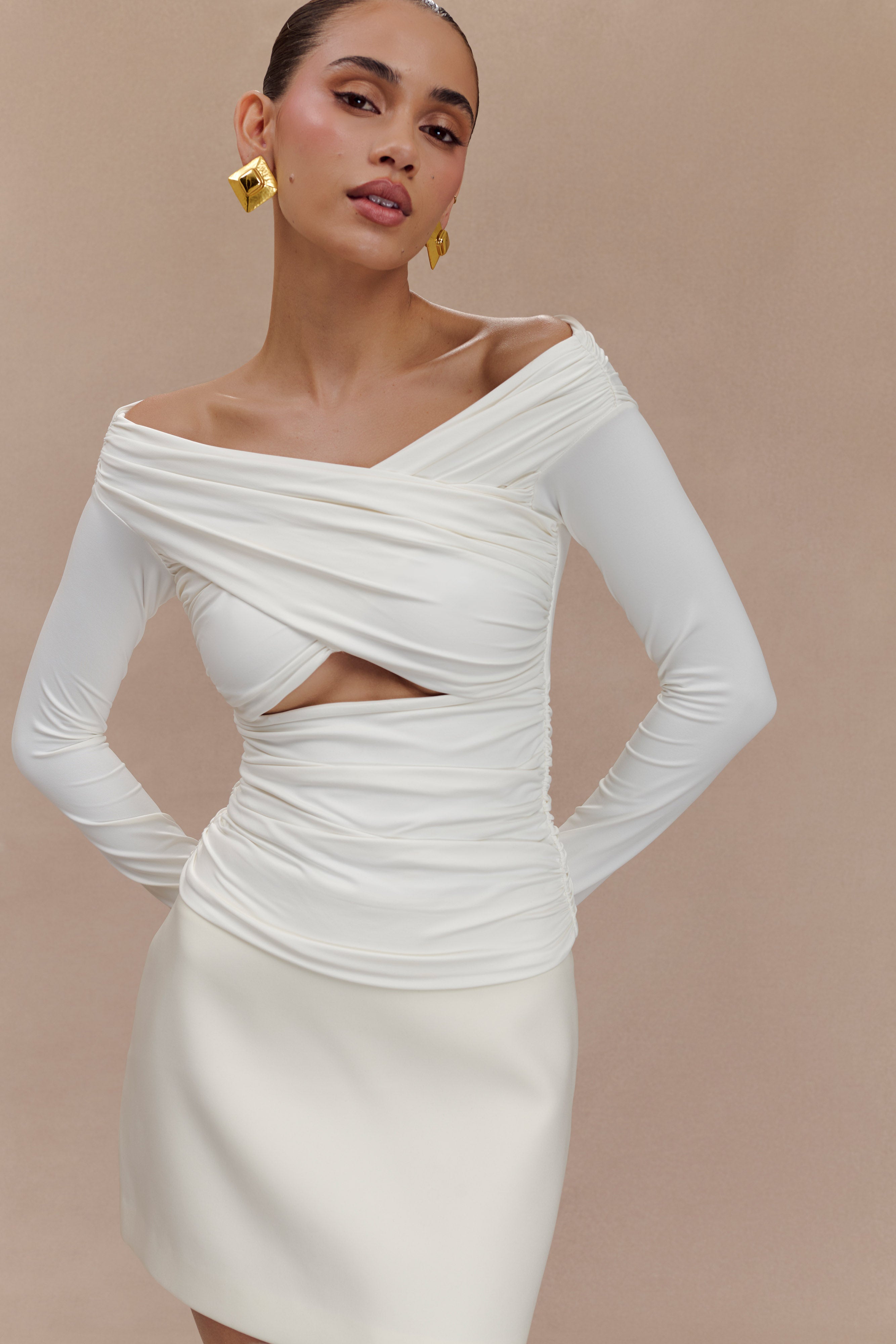 Jaden Off Shoulder Recycled Nylon Top - Ivory、mySite、solidvoid