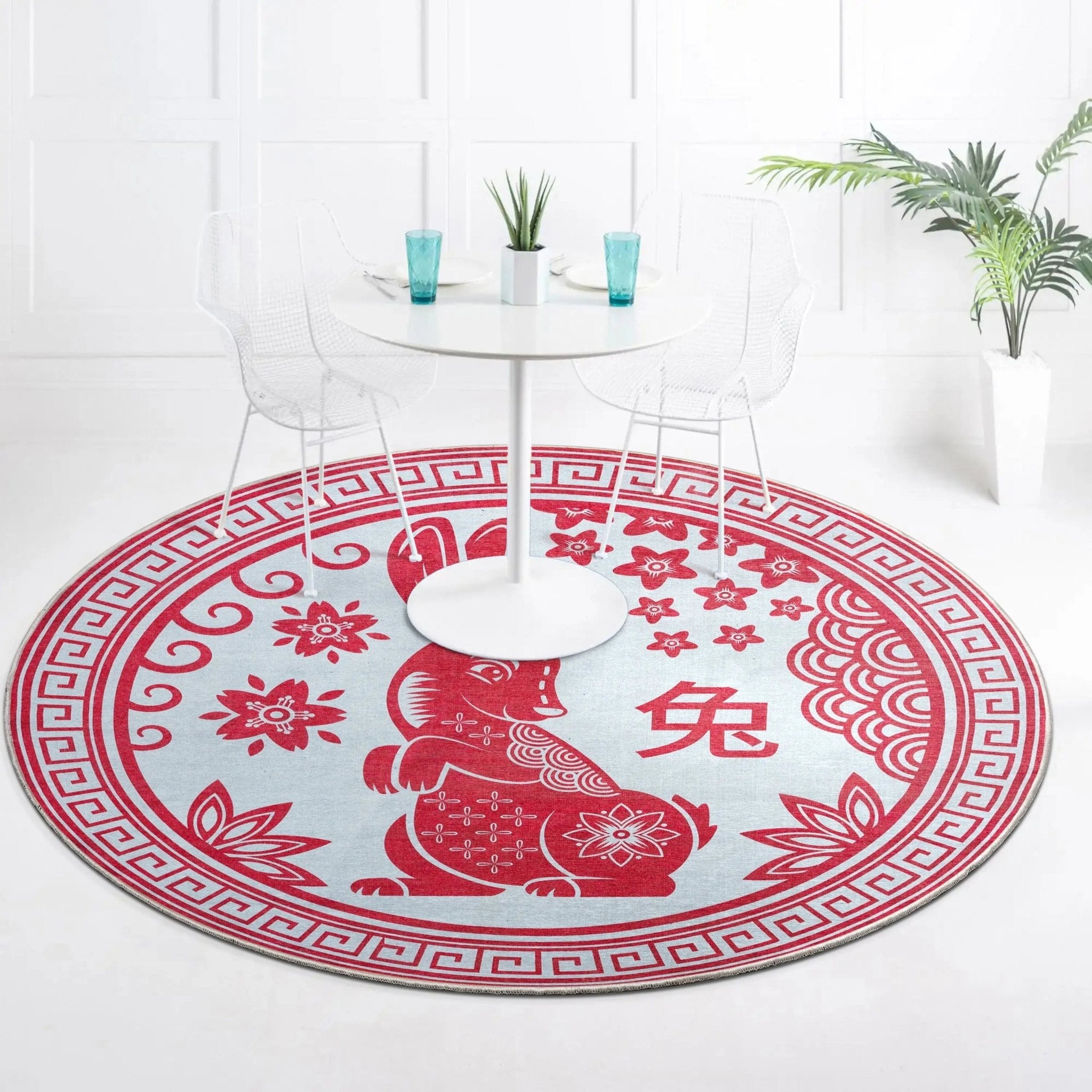 Chinese Calendar Lunar Year of the Rabbit Red Flat-Weave Rug、mySite、gigharbornorthrealestate
