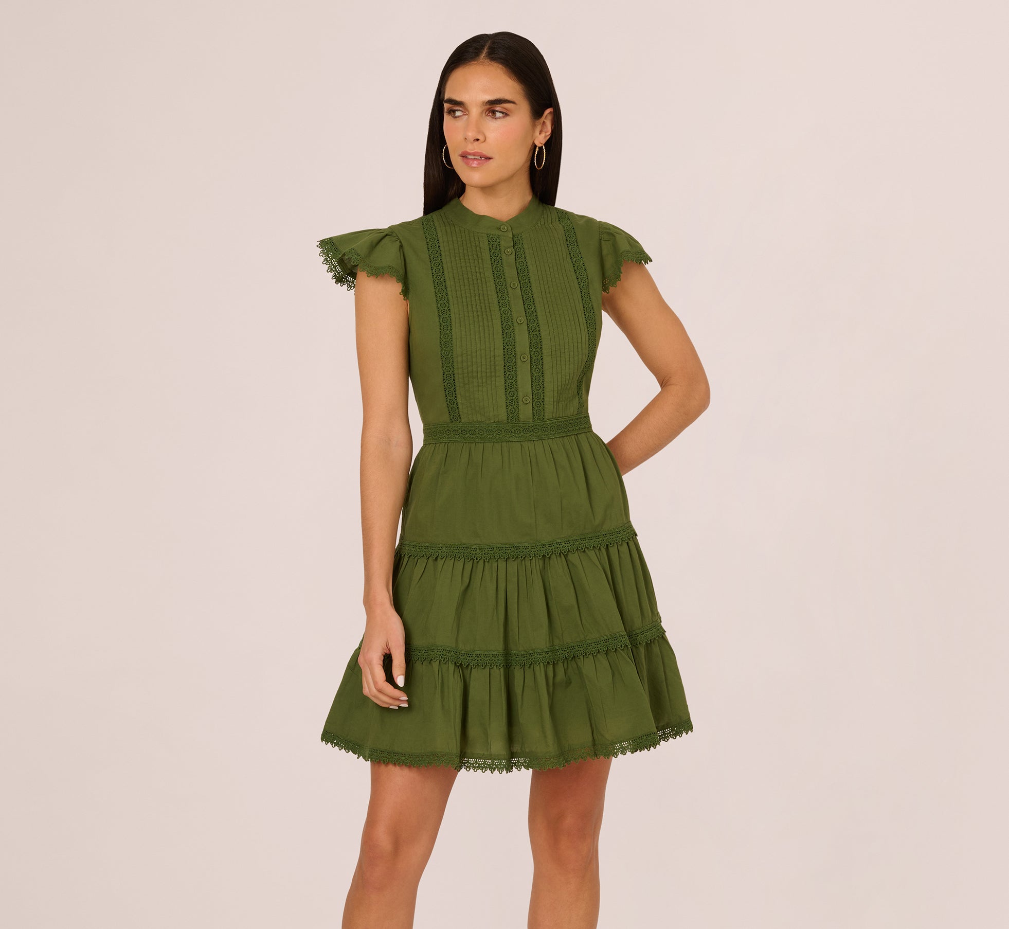 Flutter Sleeve Lace Short Cotton Dress In Olive Green、mySite、solidvoid