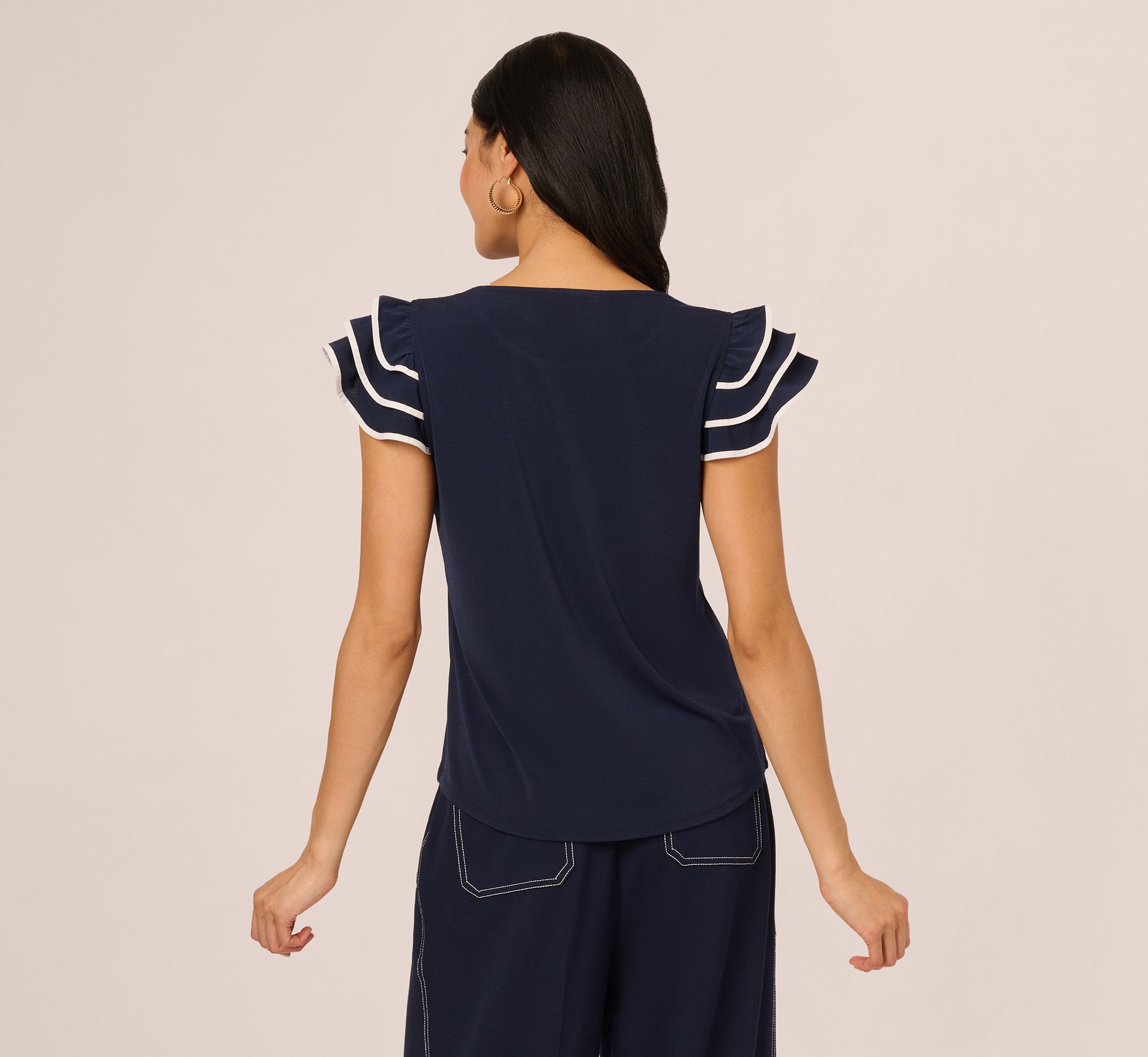 Ruffle Sleeve Contrast Trim Top In Blue Moon Ivory、mySite、solidvoid