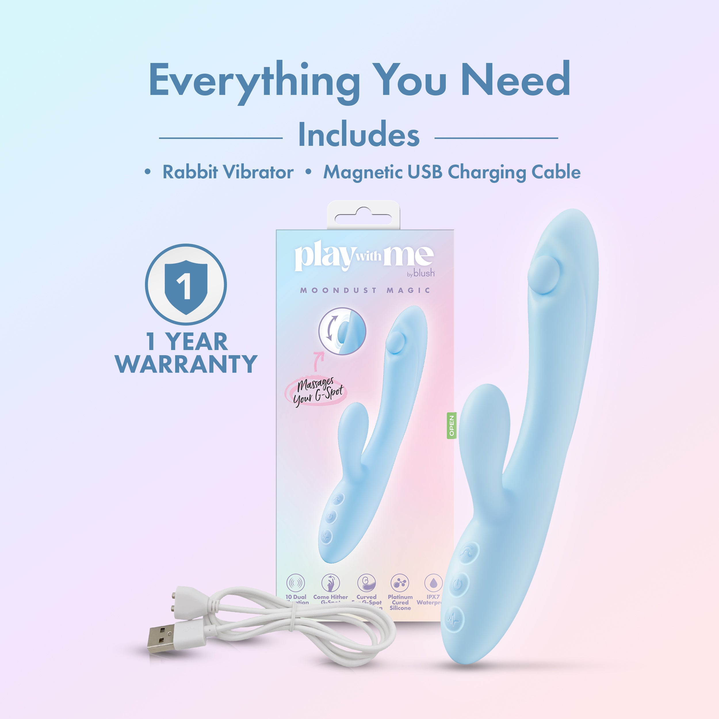 Play With Me By Blush® | Moondust Magic - 8 Inch G Spot Clitoral Rabbit Vibrator - 10 Dual Vibration Modes - Soft Silicone - Blue、mySite、bottomscart