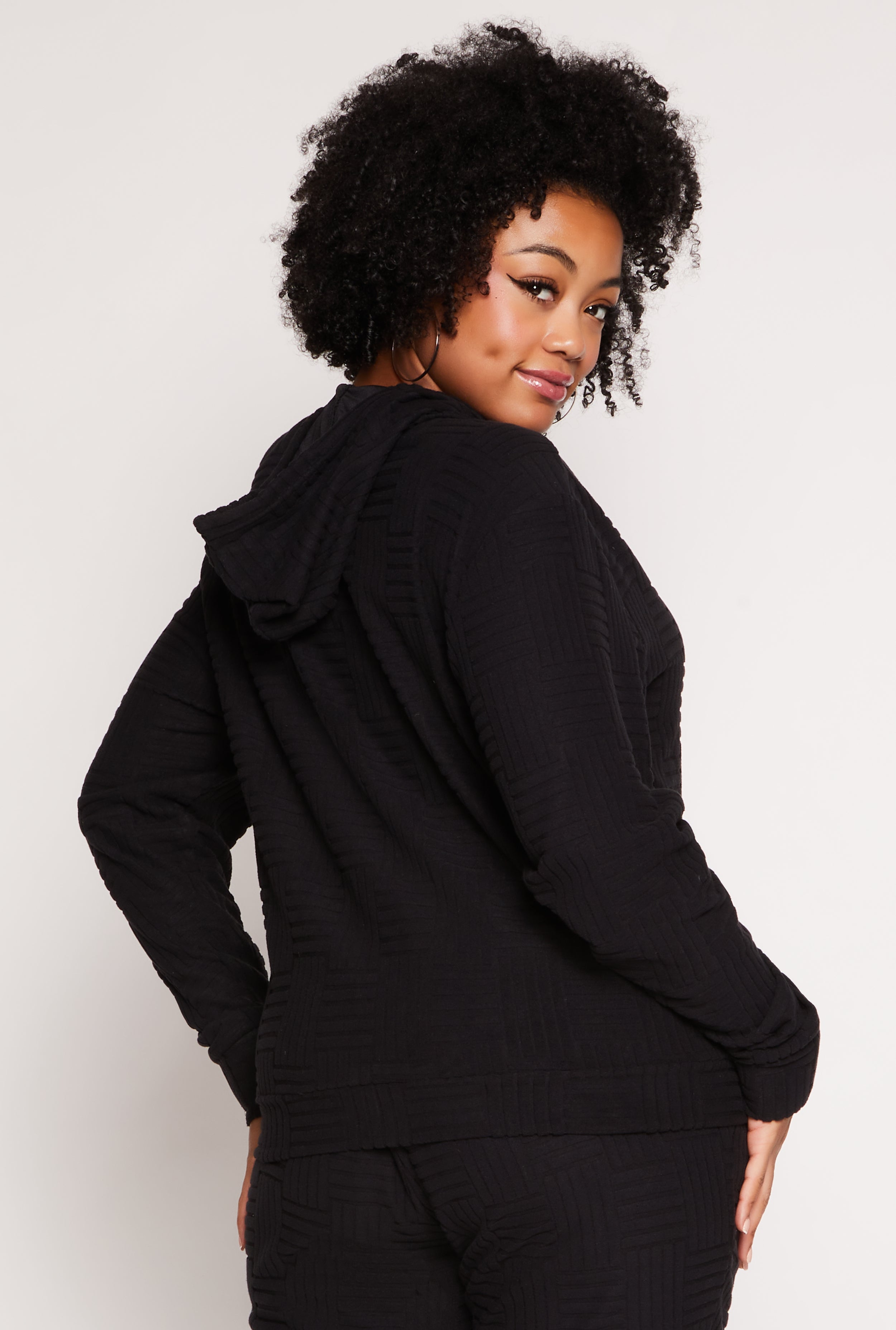 Plus Size Textured Knit Hooded Sweatshirt、mySite、camillekostekn