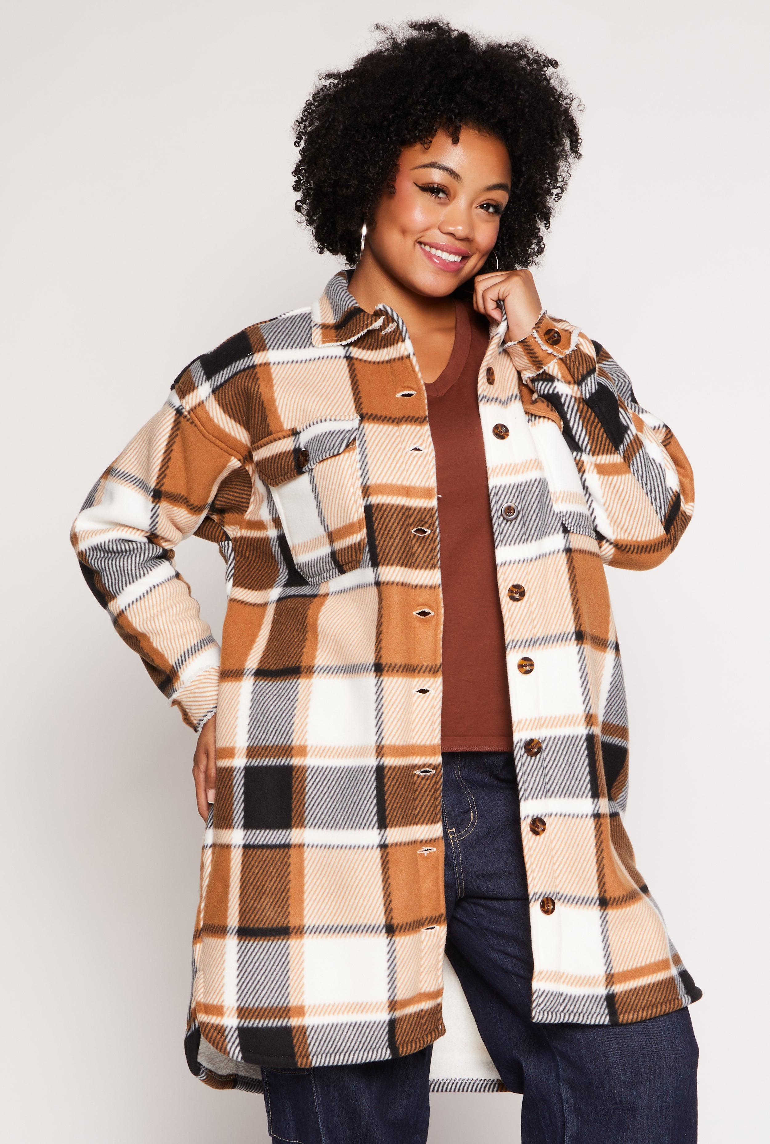 Plus Size Sherpa Lined Plaid Long Shacket、mySite、camillekostekn