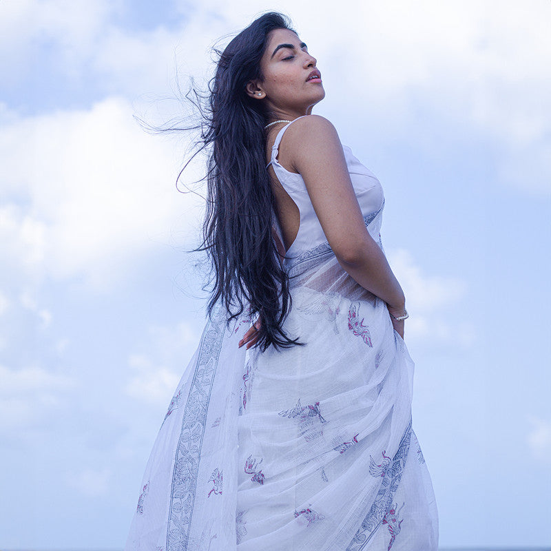 Kota Handblock Printed Saree | White & Blue、mySite、camillekostekn