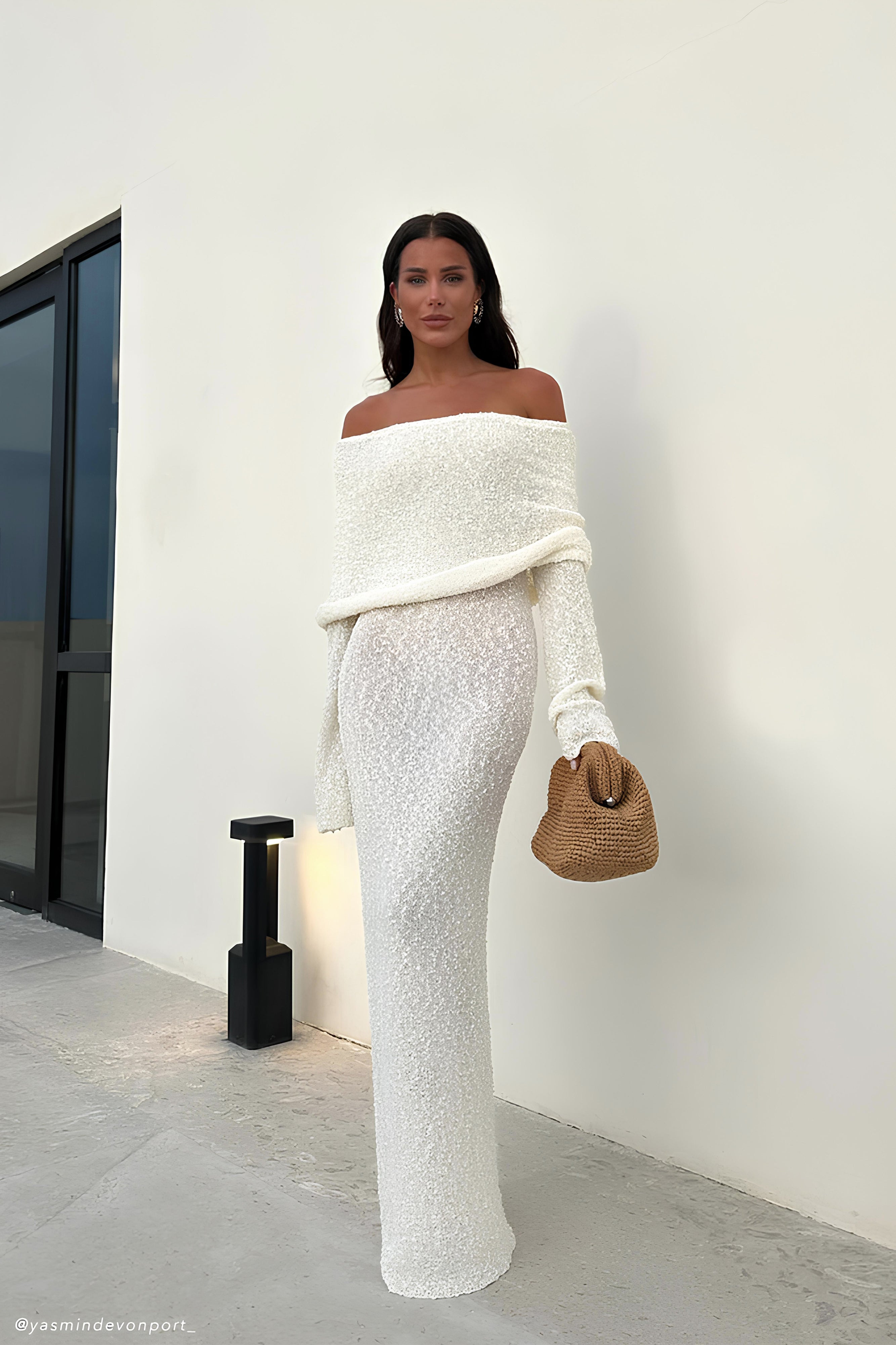 Marisol Off Shoulder Boucle Maxi Dress - Ivory、mySite、solidvoid