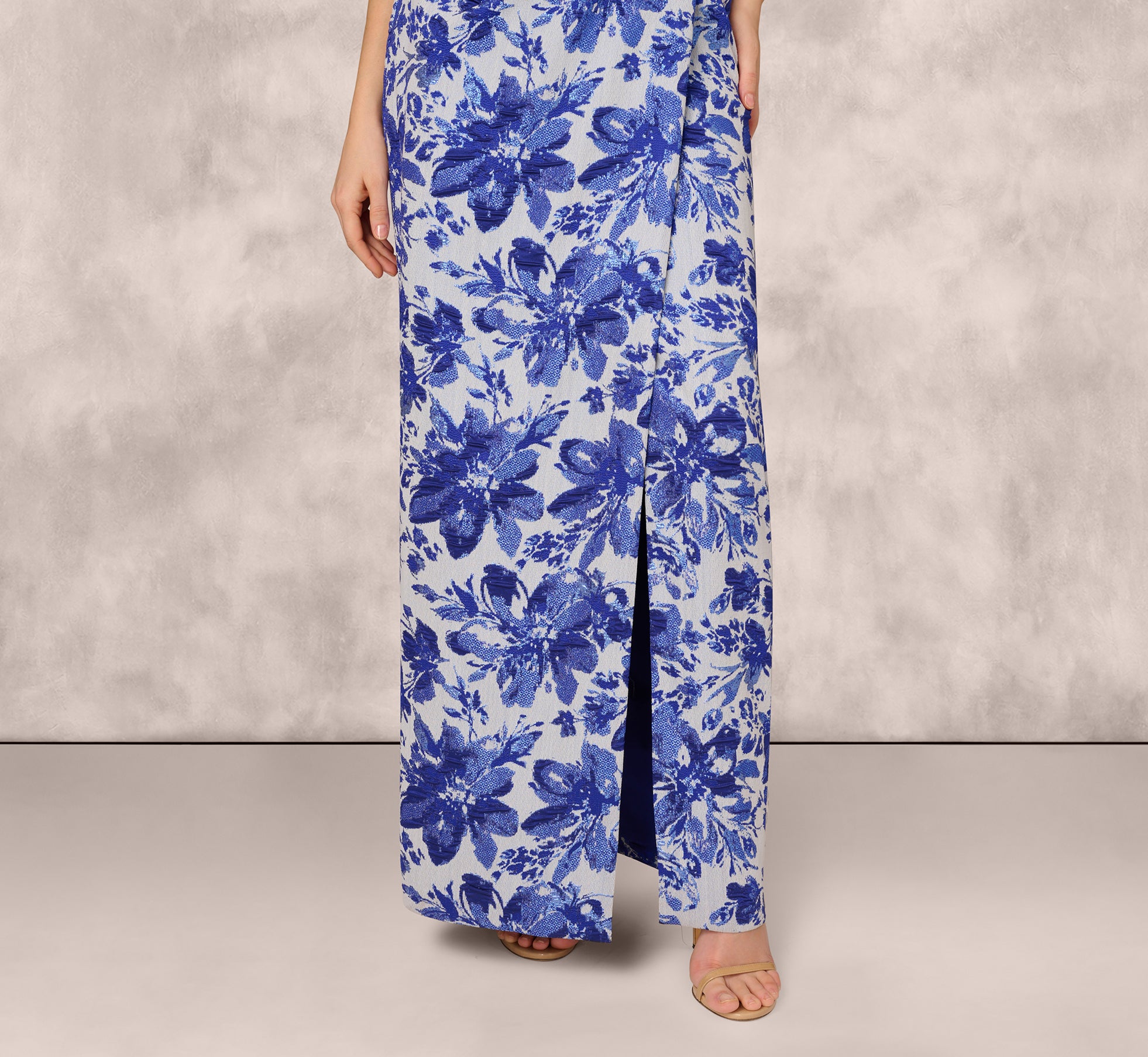 Strapless Belted Floral Jacquard Column Gown In Rich Royal、mySite、solidvoid