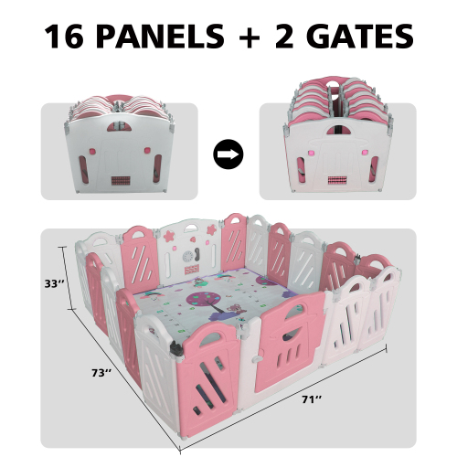 16+2 Panel Baby Playpen, Foldable Playard for Baby and Kids, Adjustable Shape Play Fence with Safety Lock Gate (Pink+White,16+2 Panel)、、casual