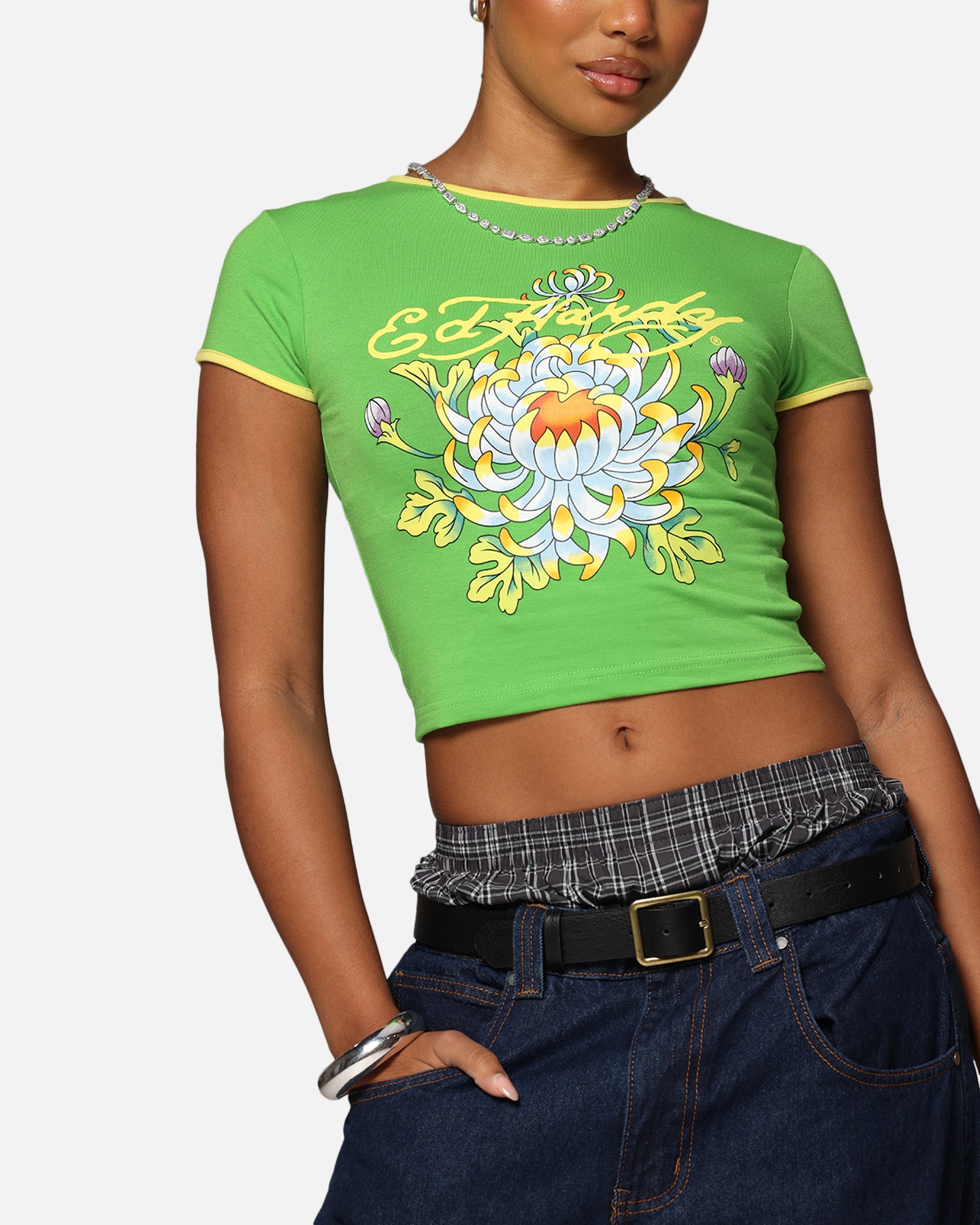 Ed Hardy Women's Blooming Baby Ringer T-Shirt Green/Yellow、mySite、zt4zffjzw