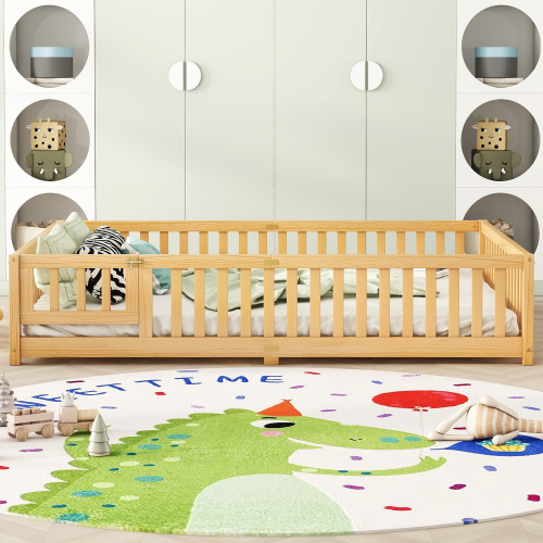 Twin Size Bed Floor Bed with Safety Guardrails and Door for Kids, Natural(Old SKU: W158090686)、、casual