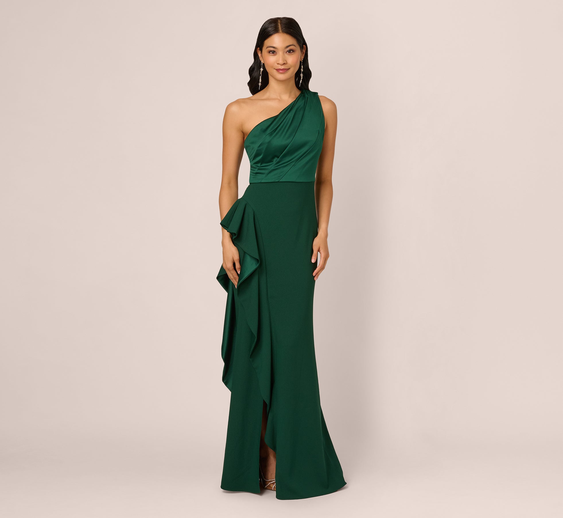 One-Shoulder Long Satin Crepe Mermaid Gown In Deep Forest、mySite、solidvoid