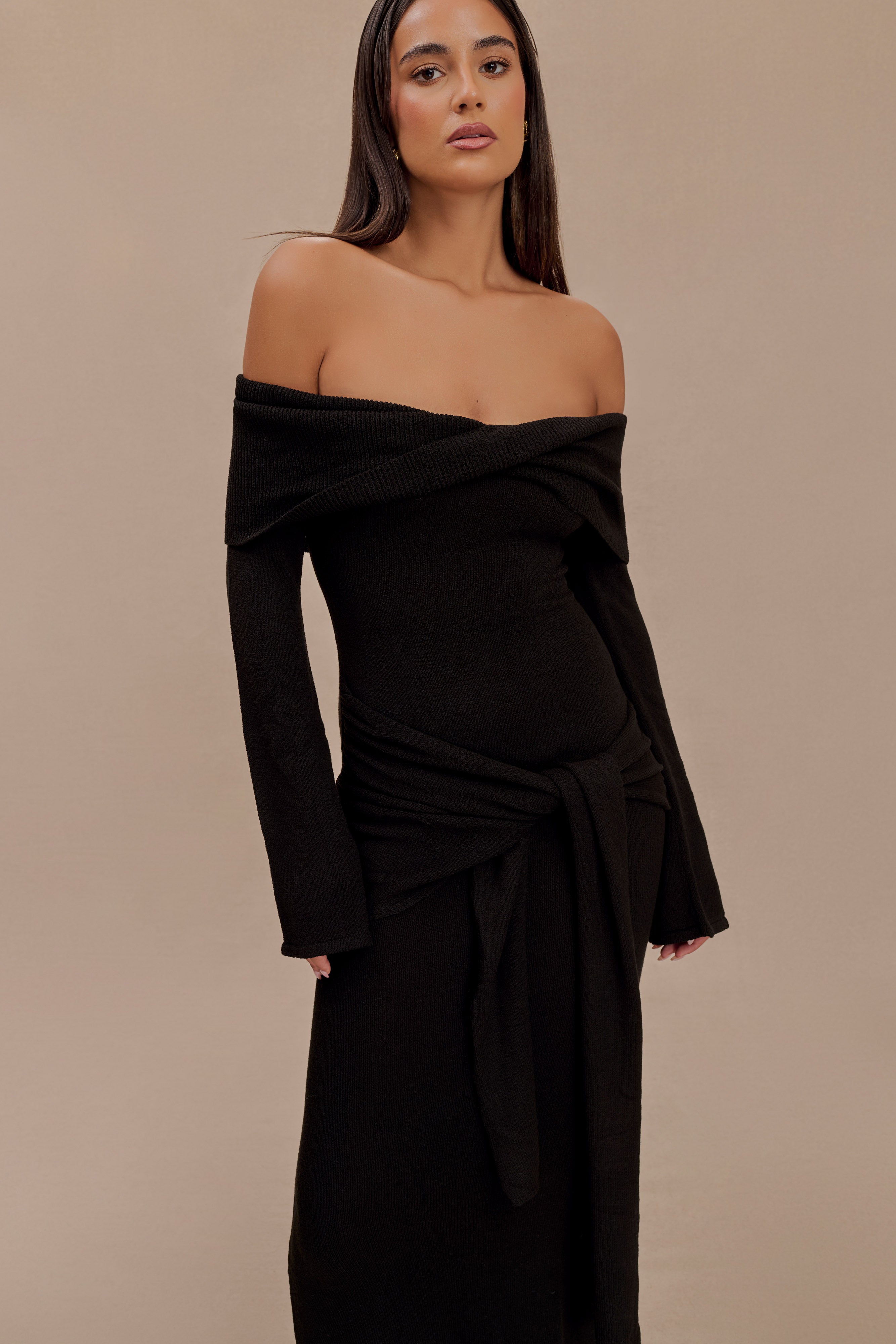 Cameron Off Shoulder Tie Maxi Dress - Black、mySite、solidvoid