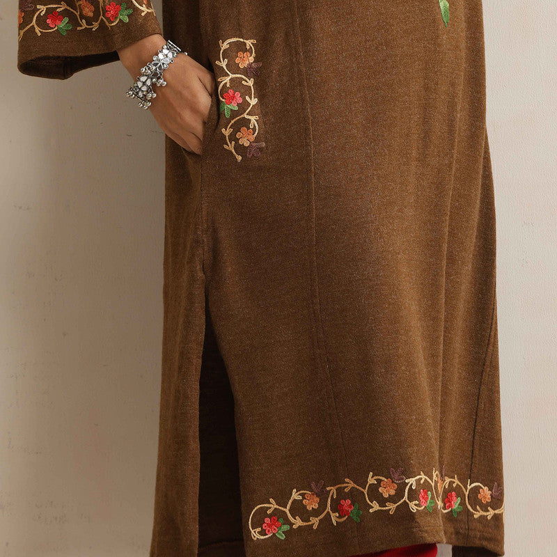 Woolen Kurta For Women | Floral Embroidered | Brown、mySite、camillekostekn
