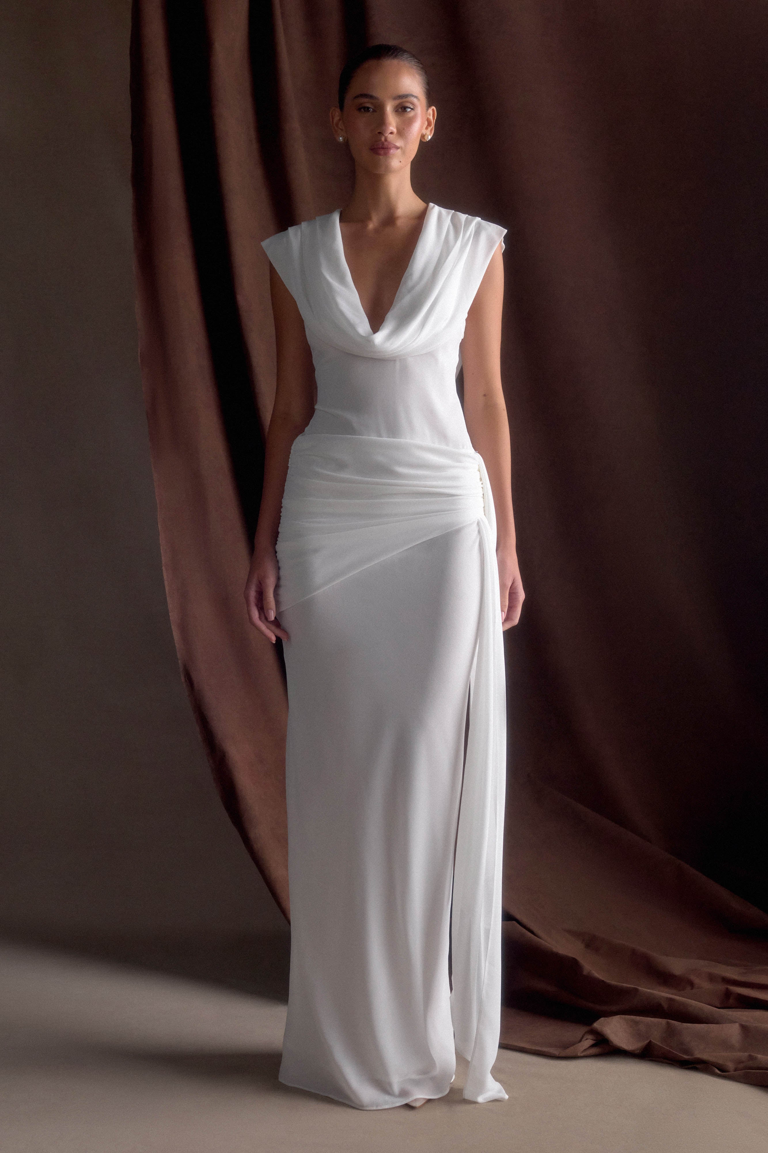 Giulia Chiffon Draped Maxi Dress - White、mySite、solidvoid