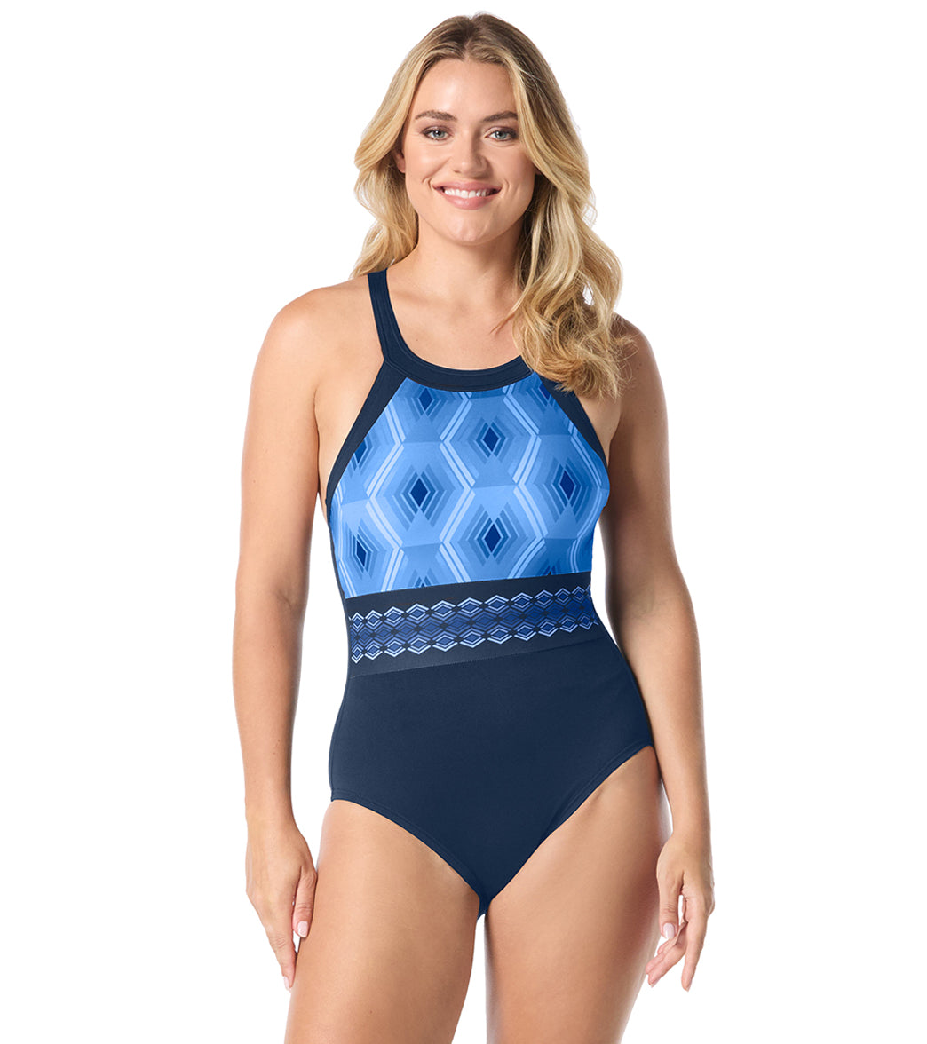 Gabar Women' s Chlorine Resistant Aqua Prisms High Neck One Piece Swimsuit、mySite、noshort