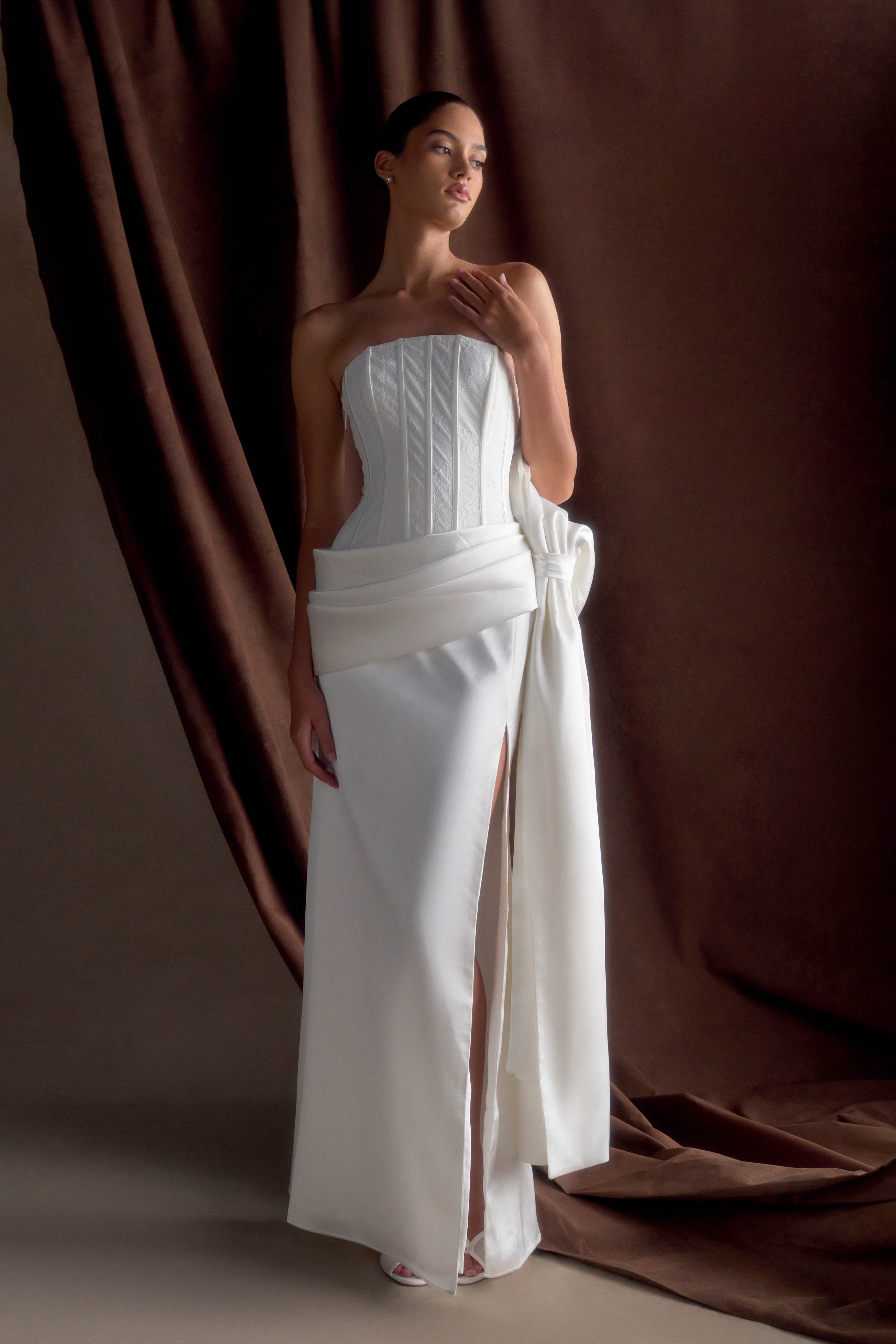 Galia Satin Corset Gown - White、mySite、solidvoid