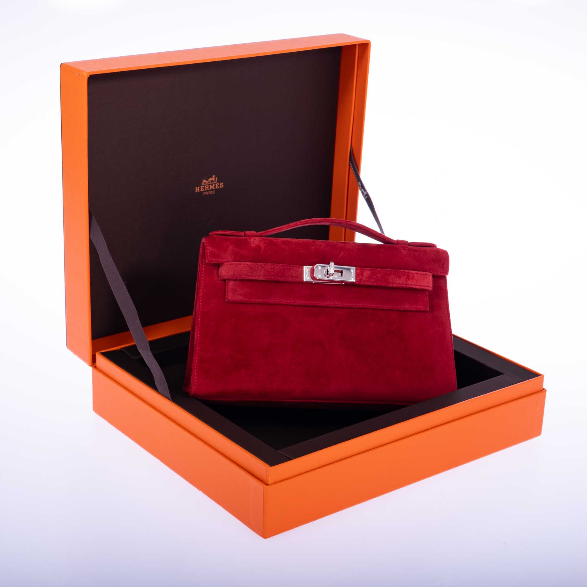 Hermès Exceptional Collection Rubis Veau Doblis Suede Diamond Kelly Pochette with 18k White Gold & Diamond Hardware、mySite、garminoutage.com