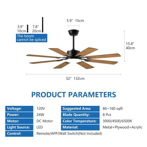 52 Inch Ceiling Fan with Lights and Remote Control, 8 Plywood Blades, 6-Speed Noiseless Reversible DC Motor, 3CCT, Windmill Ceiling fan for Kitchen Bedroom Living Room, Black、、eastwooduniform