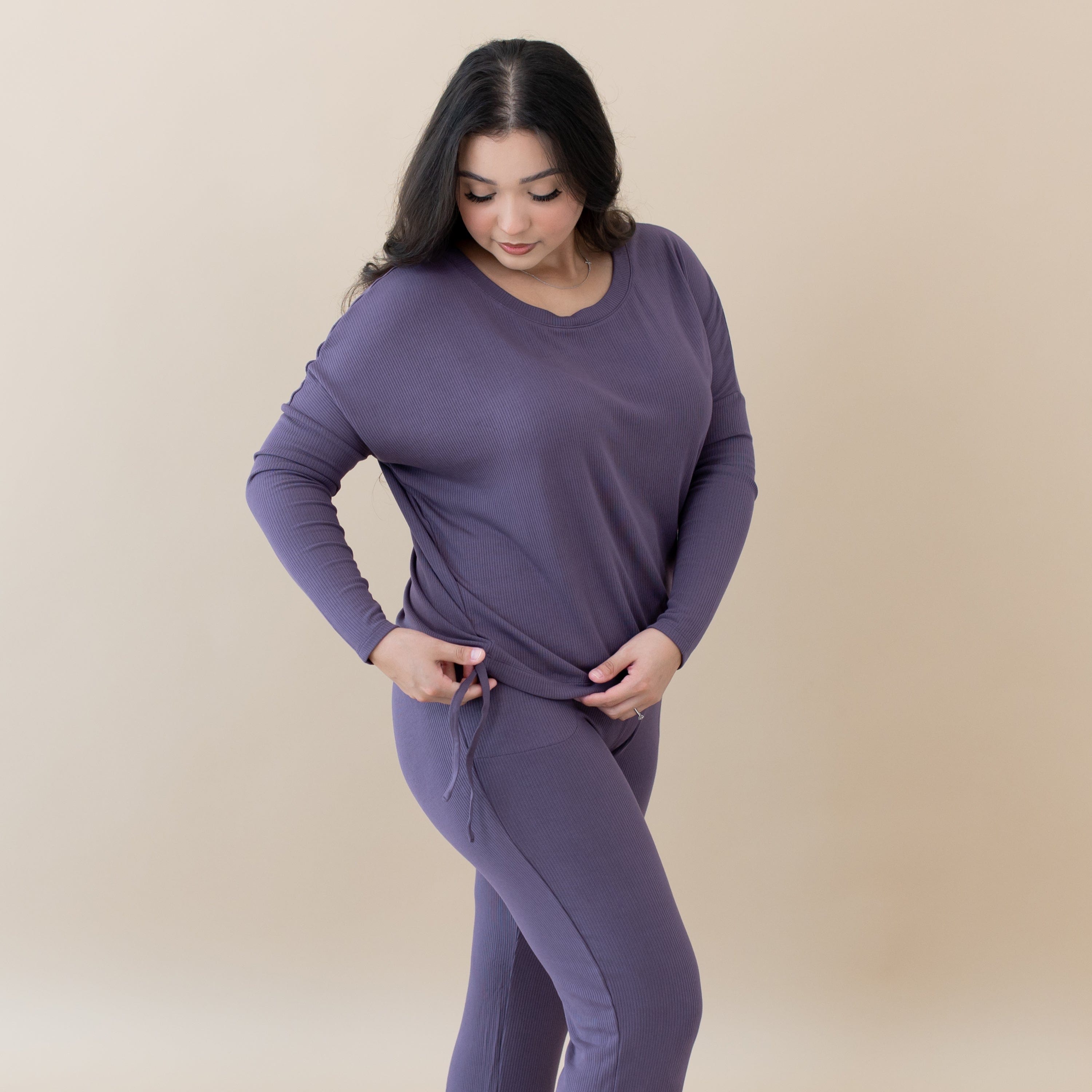  Women's Ribbed Long Sleeve Drop Shoulder Top in Currant、mySite、layawaytickets