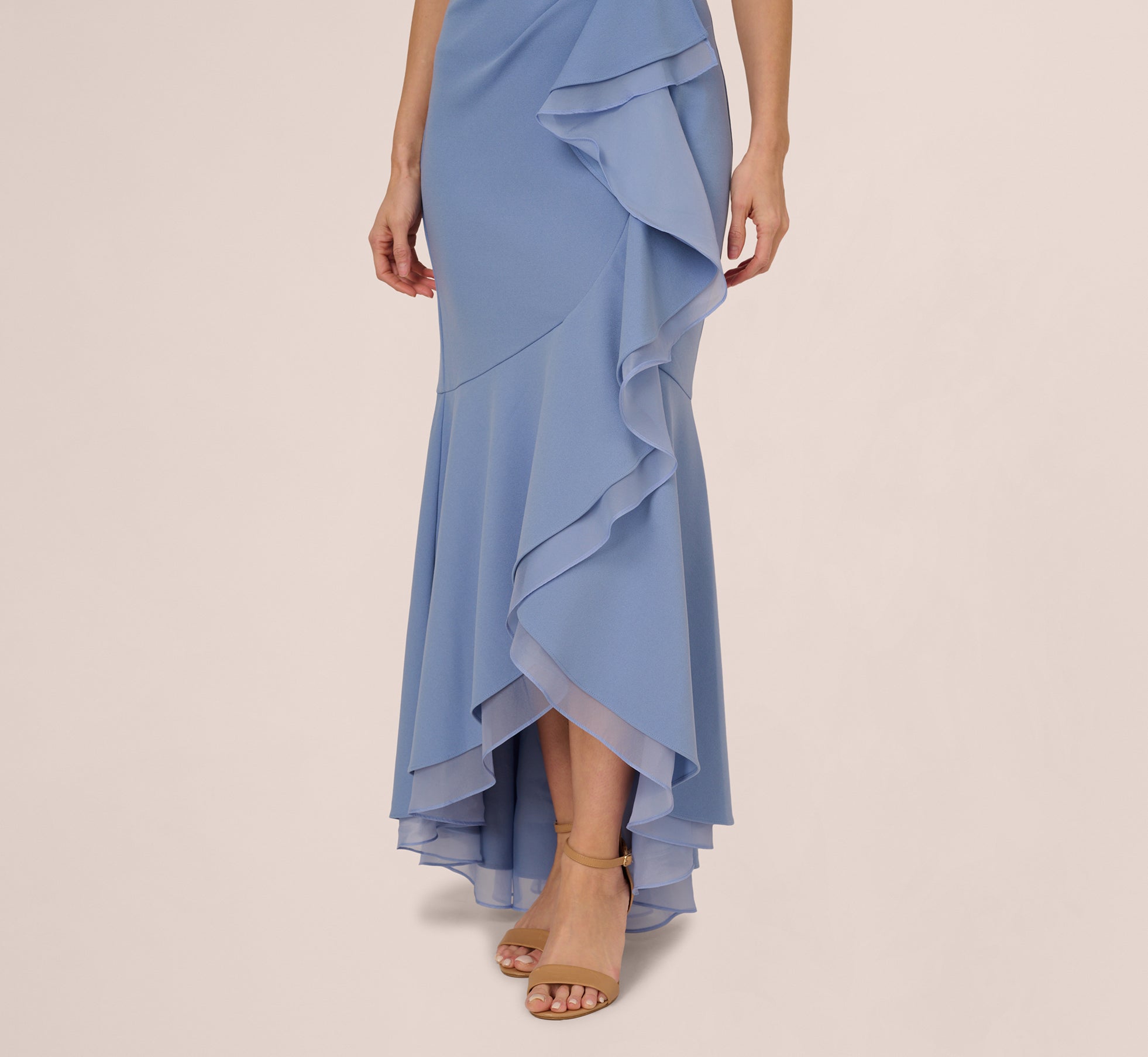 High Low Crepe Halter Gown With Organza Draping In French Blue、mySite、solidvoid