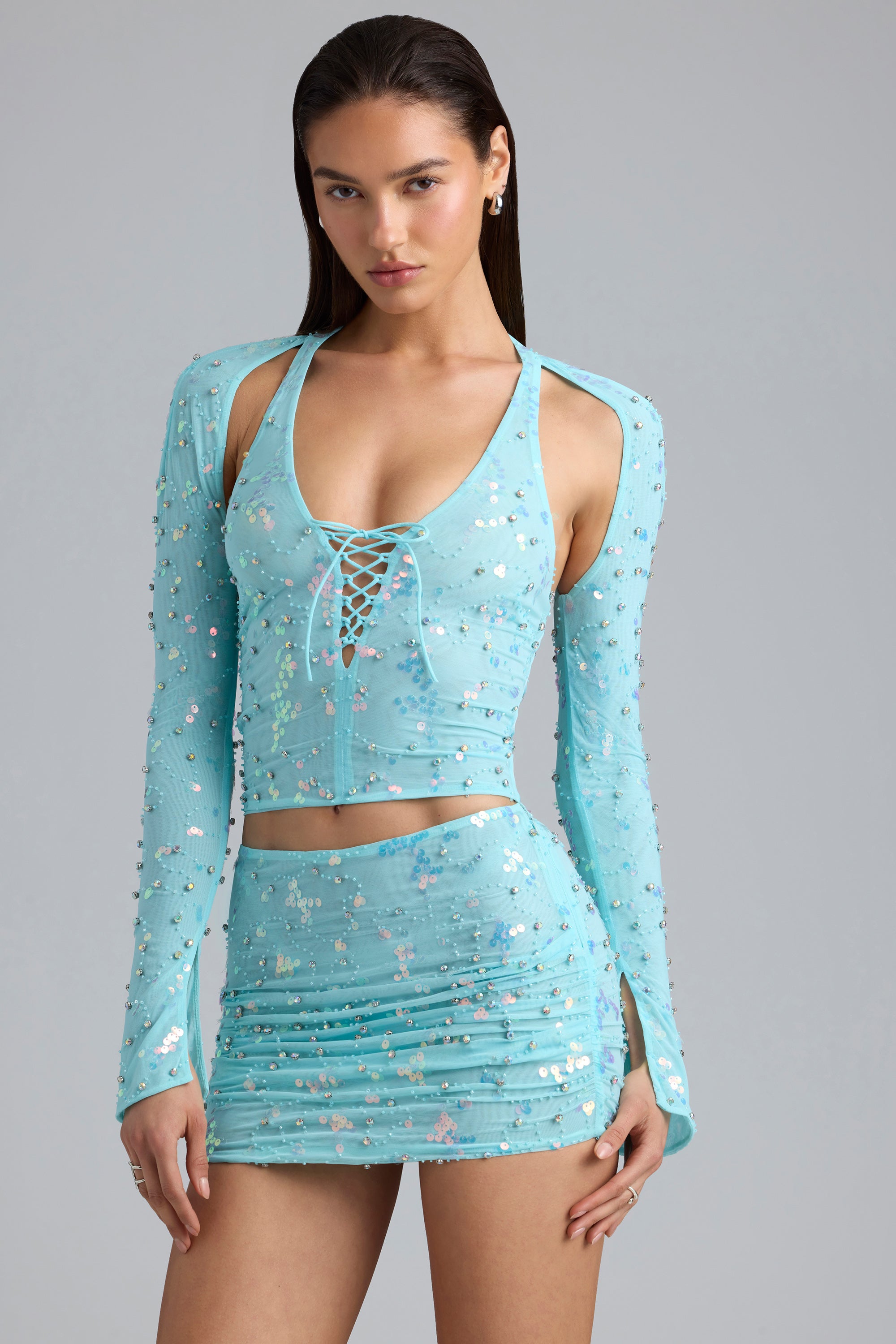 Ruched Mid-Rise Micro Mini Skirt in Ice Blue、mySite、solidvoid