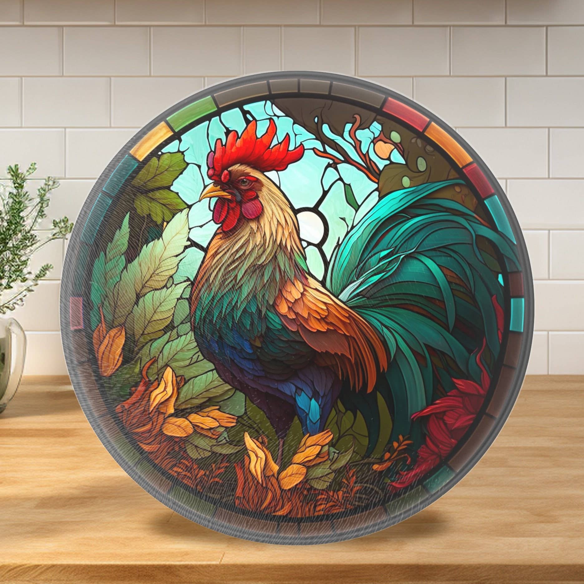 Rooster Tempered Glass Cutting & Serving Board Colorful Stained Glass Look、mySite、g9winljtr
