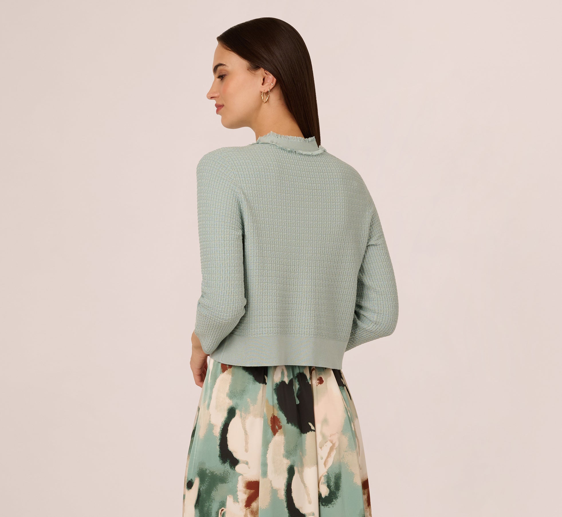 Waffle Knit Cardigan Sweater With Frayed Edges In Dusty Seamist、mySite、solidvoid