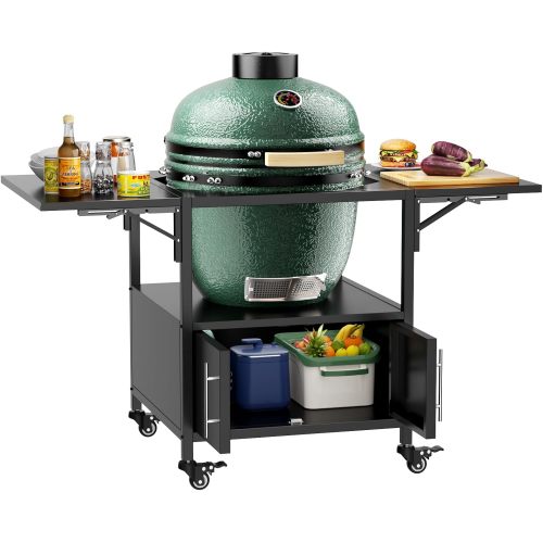 Outdoor Grill Table for Big Green Egg Style BBQ, Metal Grill Cart with 2 Folding Panels, Compatible with up to Large Green Egg, Kamado Joe Jr、、eastwooduniform