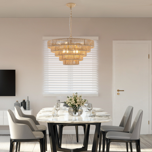 (Same as W1340P155977/L1019-5) 24" Modern 5-Layer Woven Hemp Rope Chandelier, Boho Style Pendant Light, Elegant Hanging Light Fixture for Living Room, Dining Room, Bedroom (No Bulbs)、、eastwooduniform