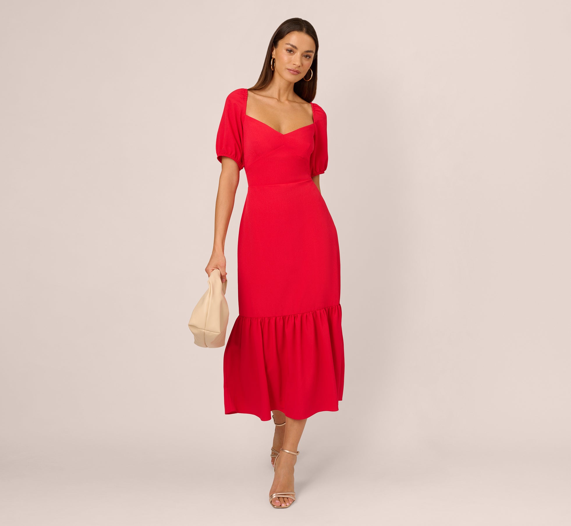 Puff Sleeve Midi Dress With Flounce Hem In Scarlet、mySite、solidvoid