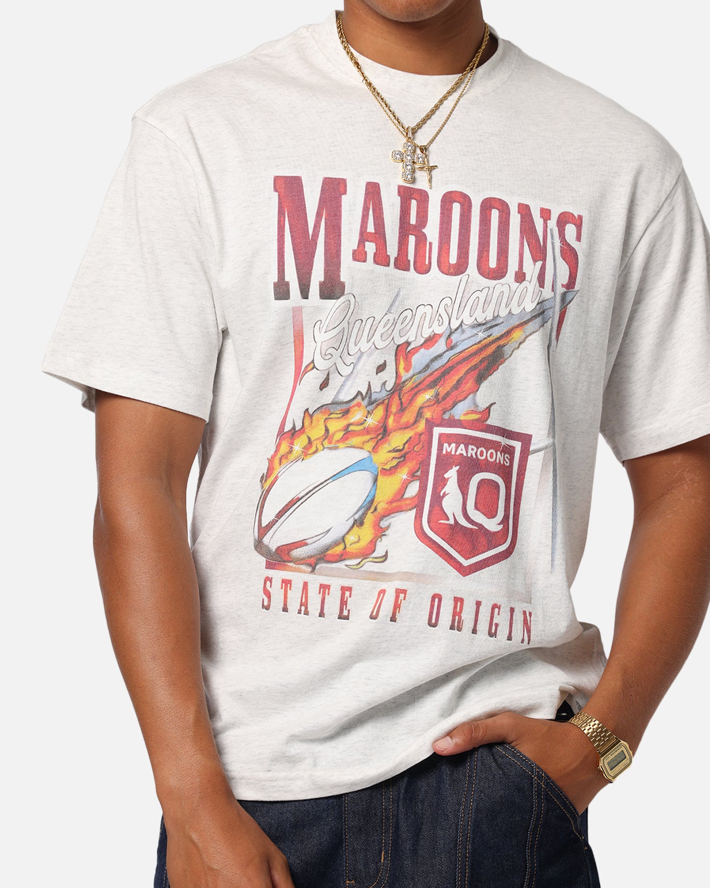 Queensland Ruby League Queensland Maroons Flaming Ball T-Shirt Silver Marle、mySite、zt4zffjzw