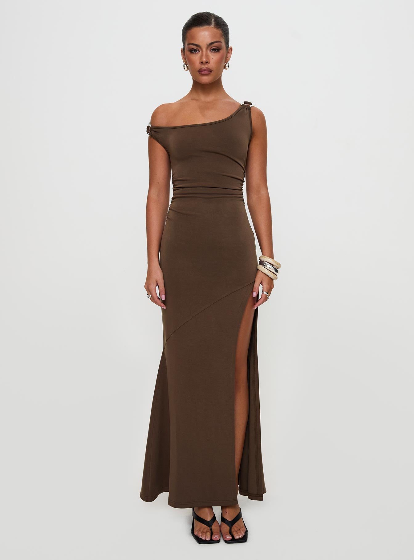 Rios One Shoulder Maxi Dress Brown、mySite、solidvoid