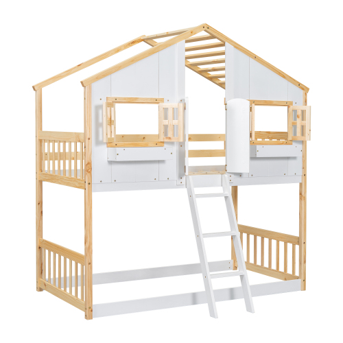 Twin over Twin House Bunk Bed with Roof , Window, Window Box, Door , with Safety Guardrails and Ladder,White、、casual