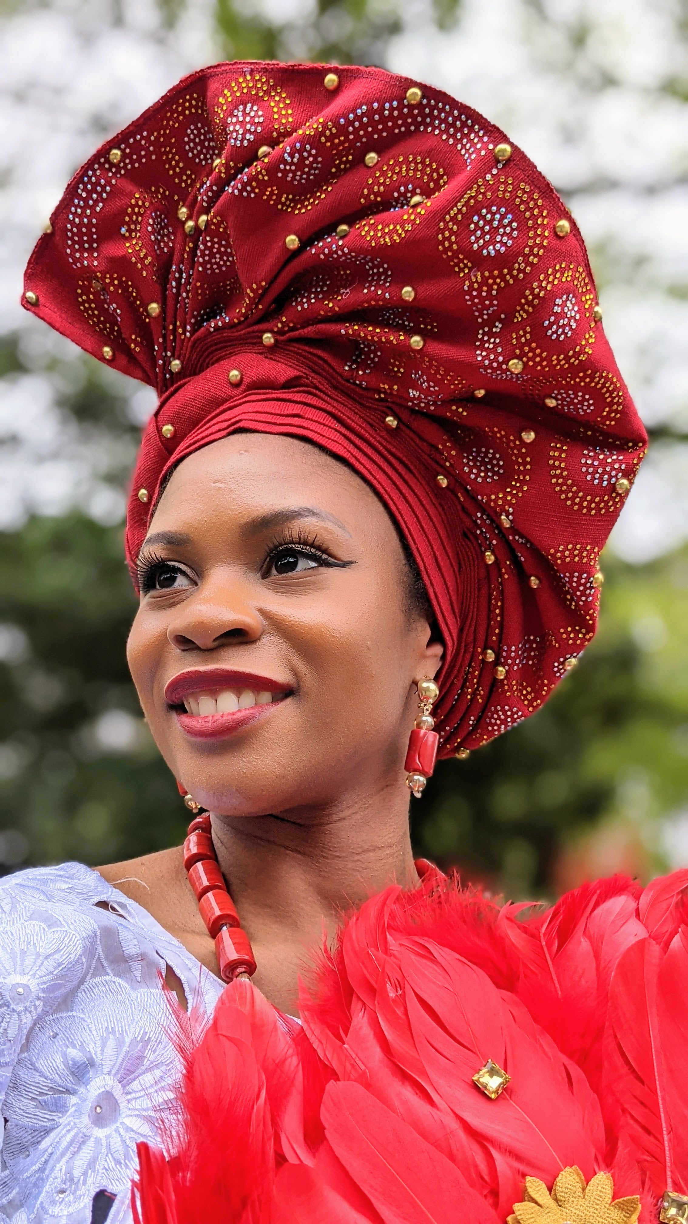 African Pre-tied Red Salewa Aso Oke Ready Autogele Head wrap hat with Gold and Silver Rhinestones-DPARGS02、mySite、solidvoid