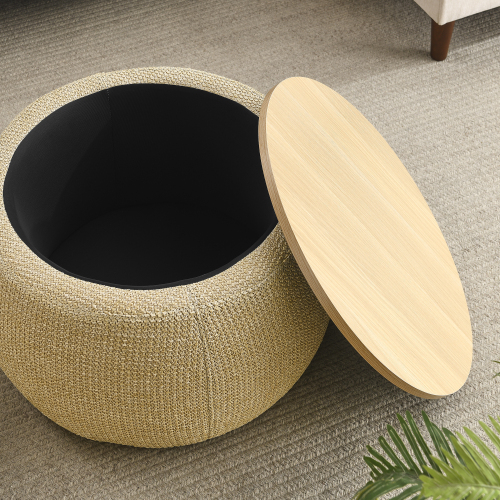 Round Storage Ottoman, 2 in 1 Function, Work as End table and Ottoman, Grey (25.5"x25.5"x14.5")、、casual