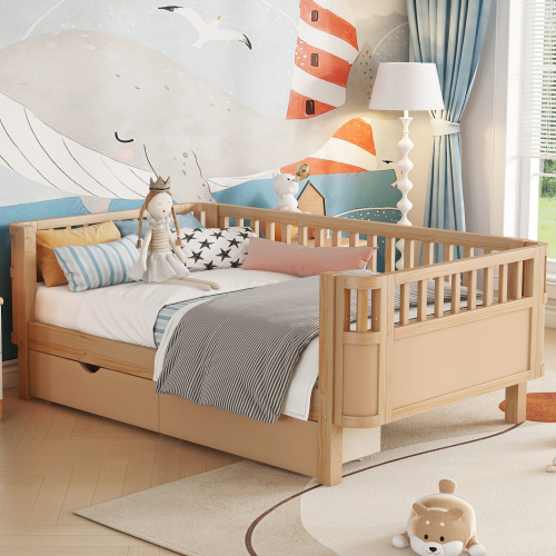 Twin Size Wood Platform Bed for Kids, Wood Low Profile Twin Bed with Rails for Girls and Boys, Natural (Patented Design) , Expect Arrival Date 2025/9/15、、eastwooduniform