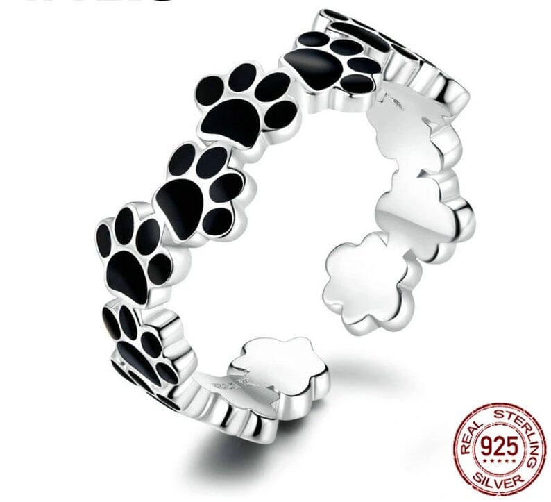 Sterling Silver Black Paw Print Adjustable Ring *、mySite、g9winljtr