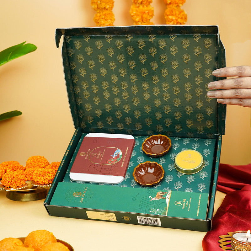 Wooden Festive Gift Box | Diyas, Pooja Haldi & Incense Stick | Set of 5、mySite、camillekostekn