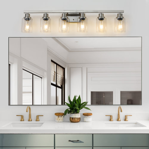 (Same as W1340P197620/L001010-B4) 24" Modern Black 4-Light Bathroom Vanity Light Fixture, Industrial Wall Sconce with Clear Glass Shades for Mirror, Bathroom, Bedroom, and Hallway (No Bulbs)、、eastwooduniform