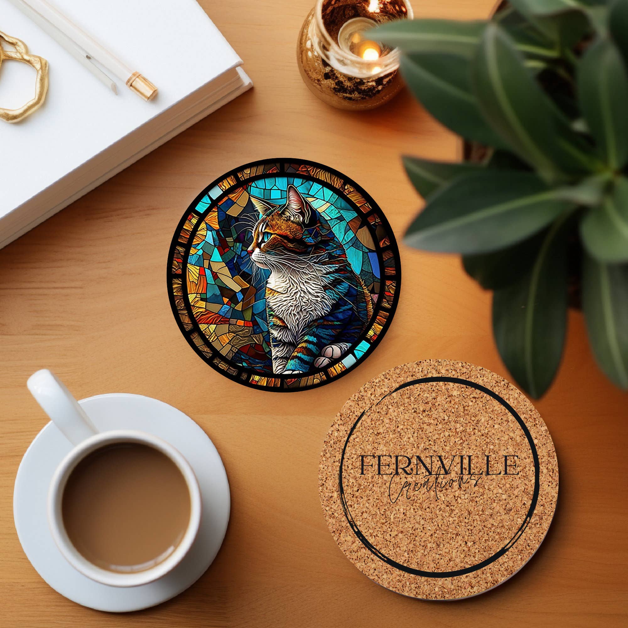 Cat Coaster with Stained Glass Motif, Eco-Friendly Ceramic、mySite、g9winljtr