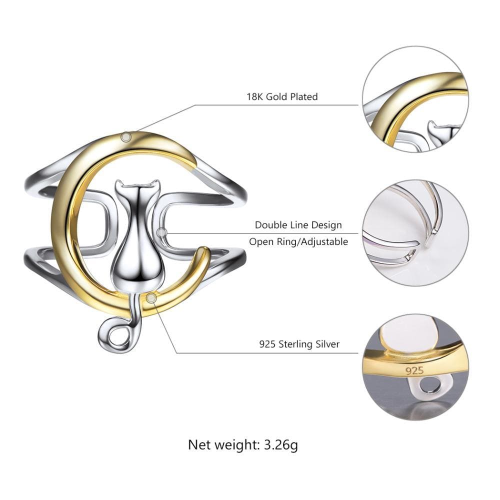 Two Tone Cat in the Moon Jewelry SET in solid 925 Silver for the Cat Lovers!、mySite、g9winljtr