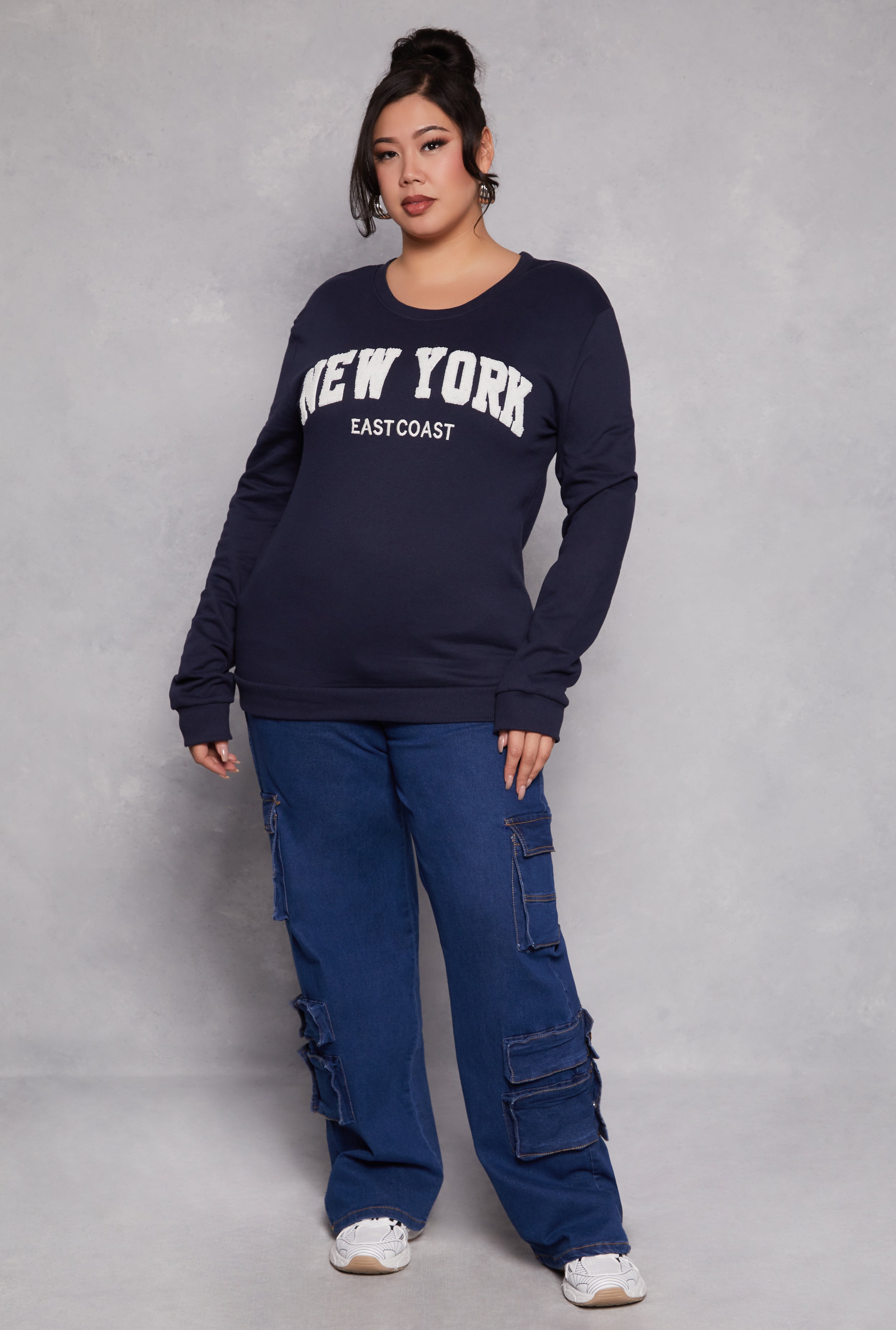 Plus Size New York Chenille Patch Sweatshirt、mySite、camillekostekn