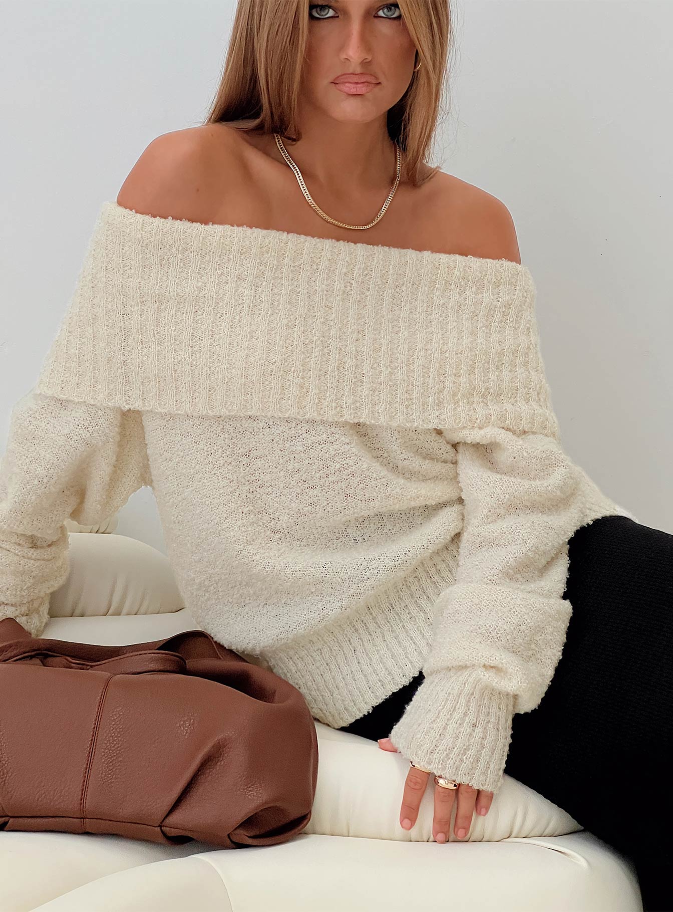 Parkley Boucle Off The Shoulder Sweater Cream、mySite、solidvoid