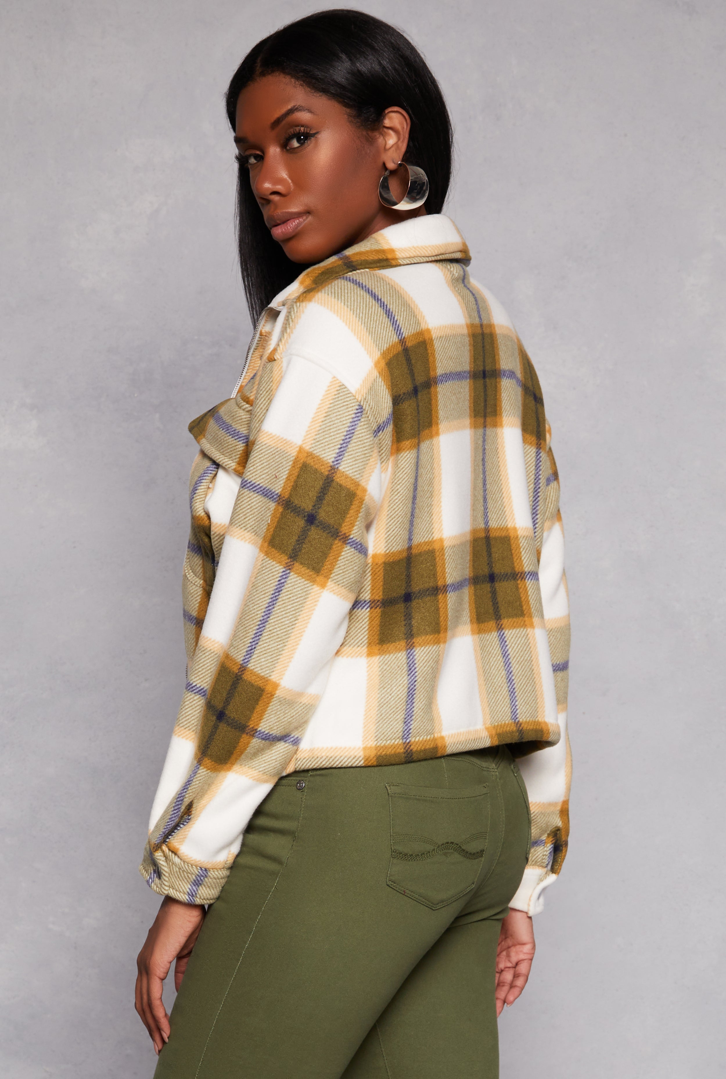 Plaid Snap Button Zip Front Shacket、mySite、camillekostekn