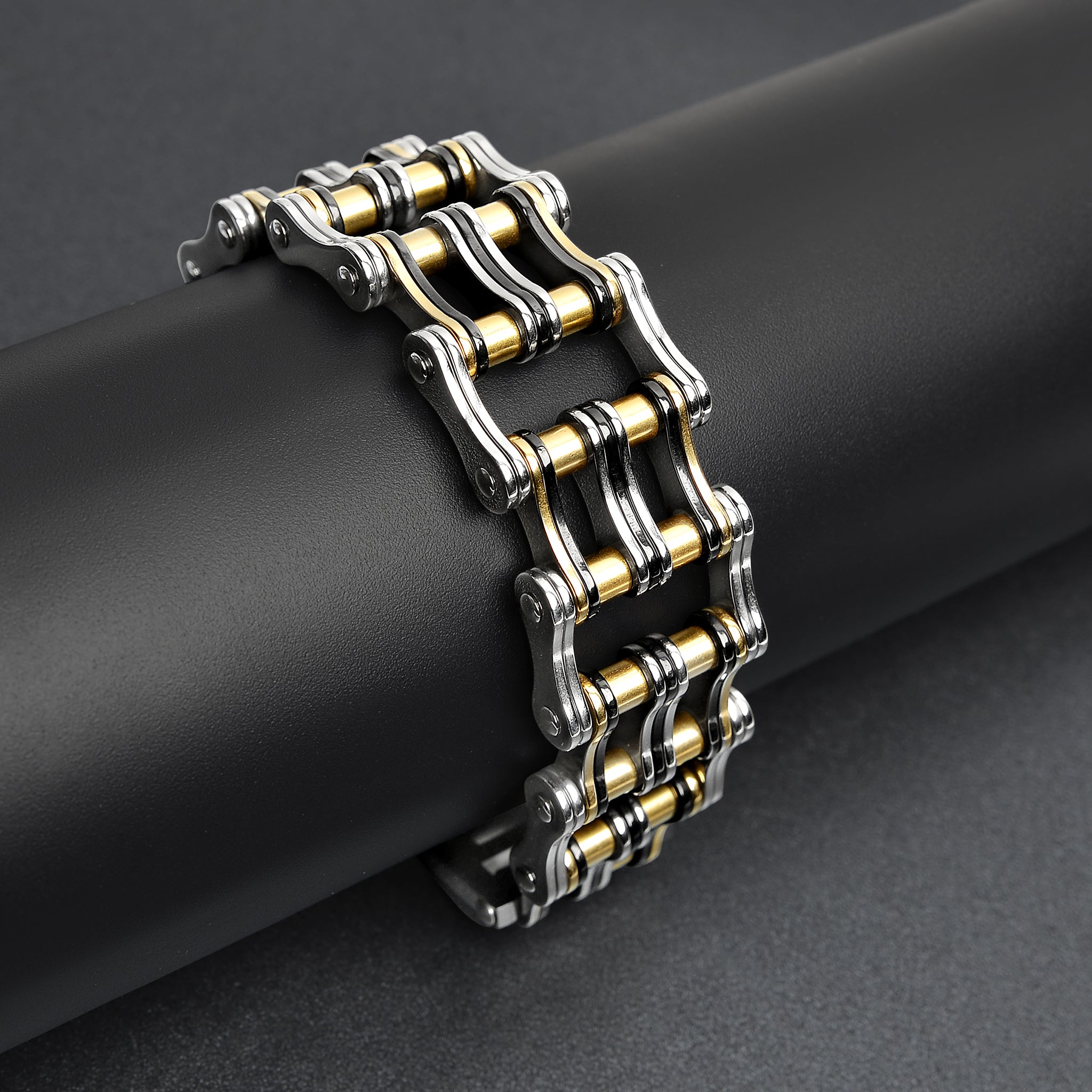 Stainless Steel Black And 18K Gold PVD Coated Double Bike Chain Bracelet / WCB1007、mySite、dreamappss